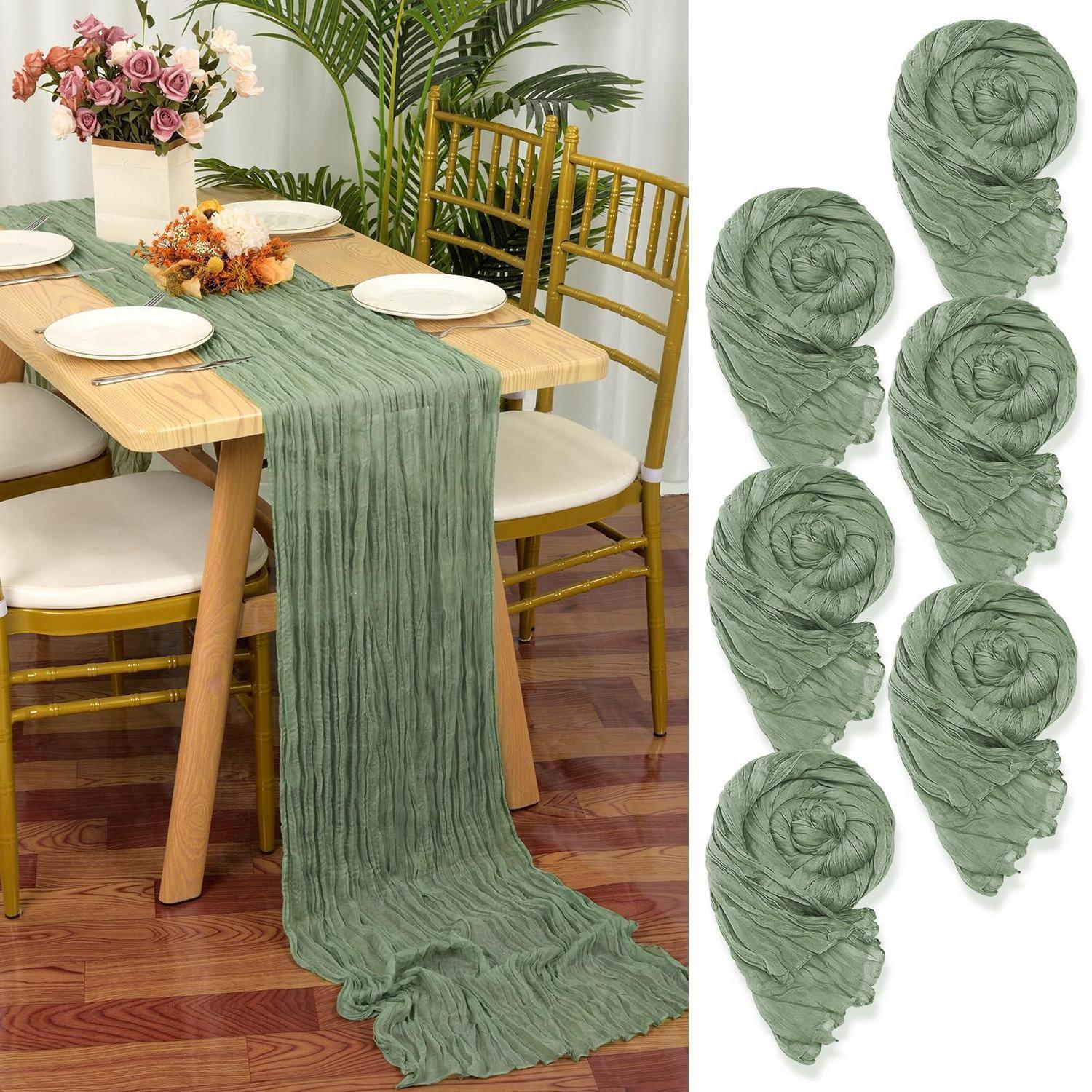 6er Pack Tischläufer Salbeigrün 90x300cm Gaze Stoff Rustikal Boho Hochzeit