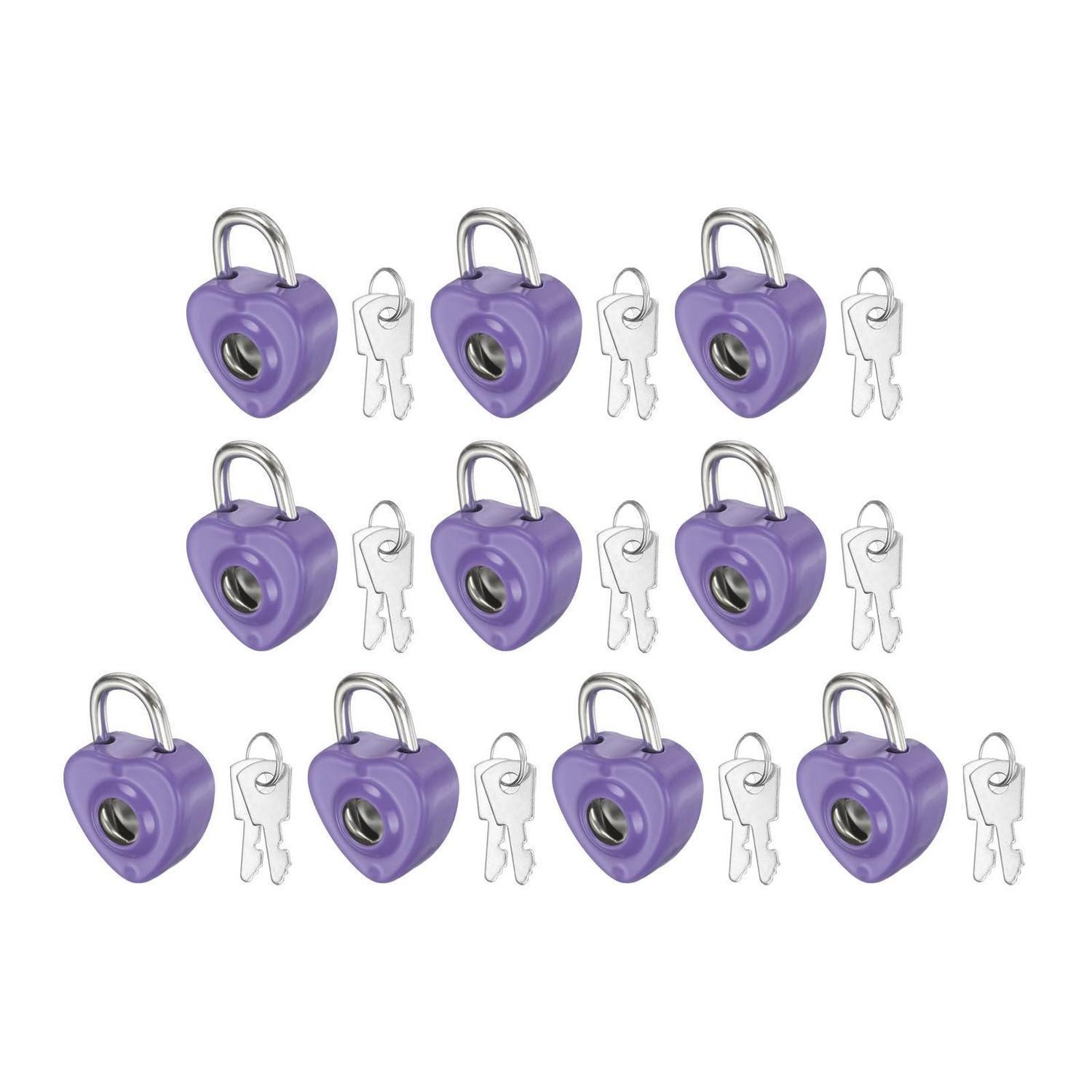 10x Mini Vorhängeschloss Herzform Dunkelviolett Mit Schlüssel
