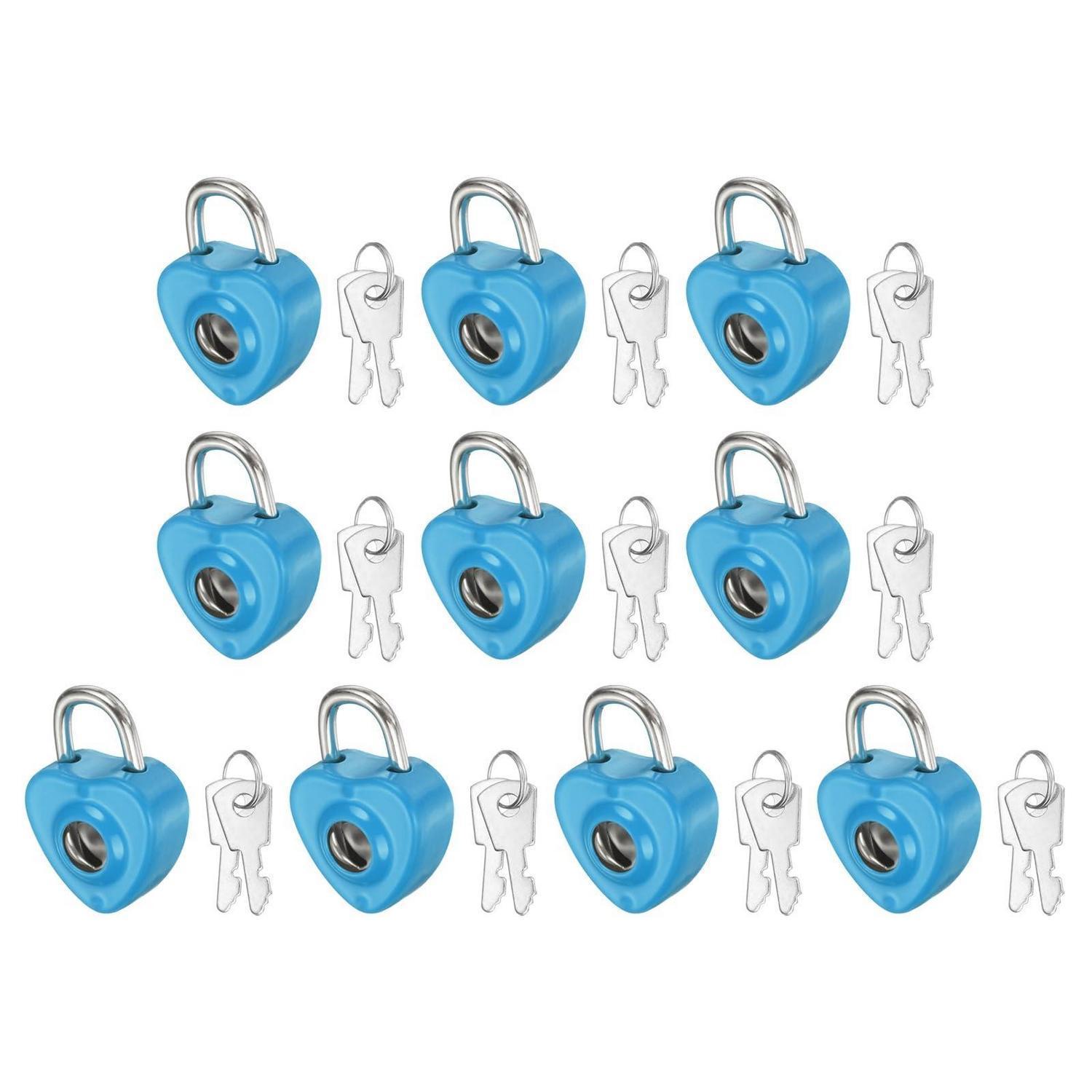 10x Mini Vorhängeschloss Herzform Mit Schlüssel, Mittelblau, Metall