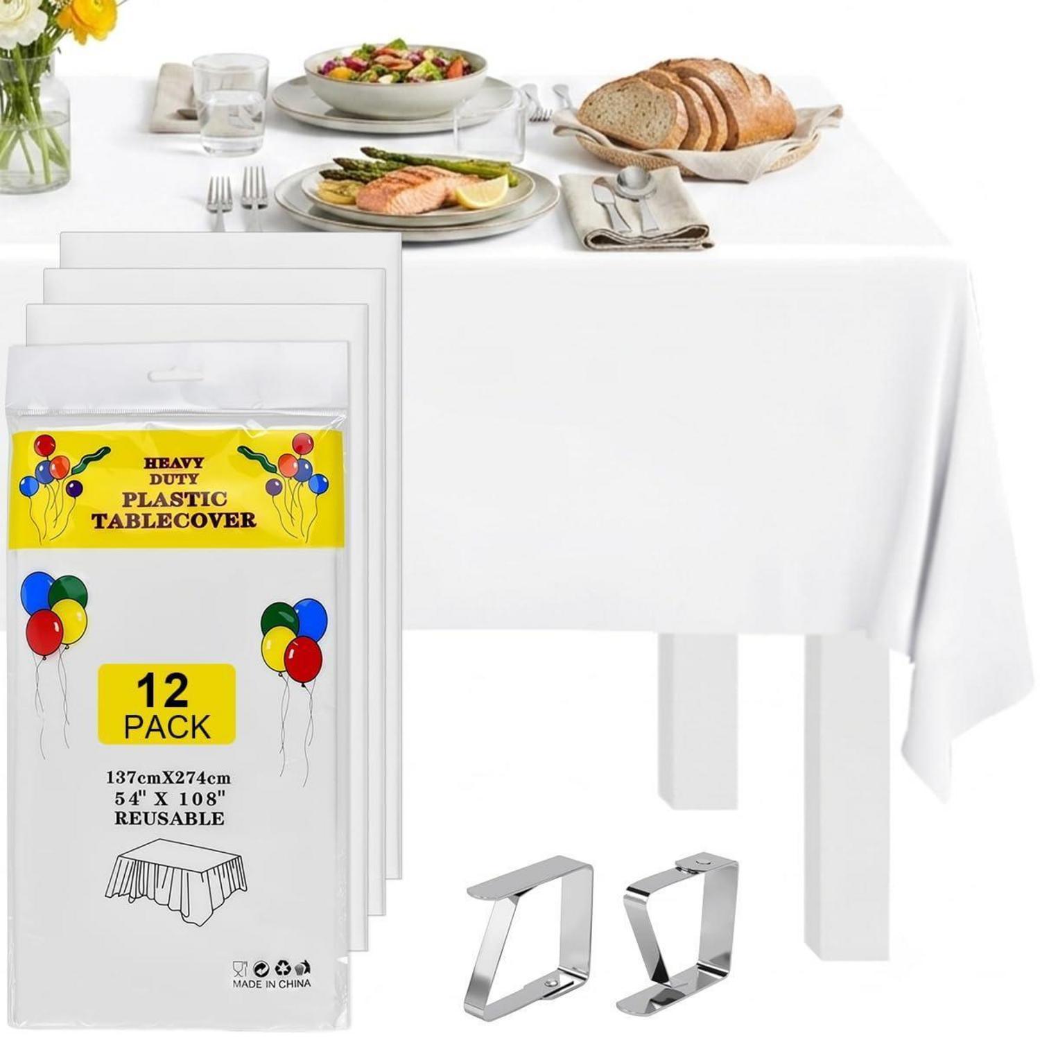 12er Pack Tischdecken Weiß Peva 137x274cm Mit 8 Tischklammern