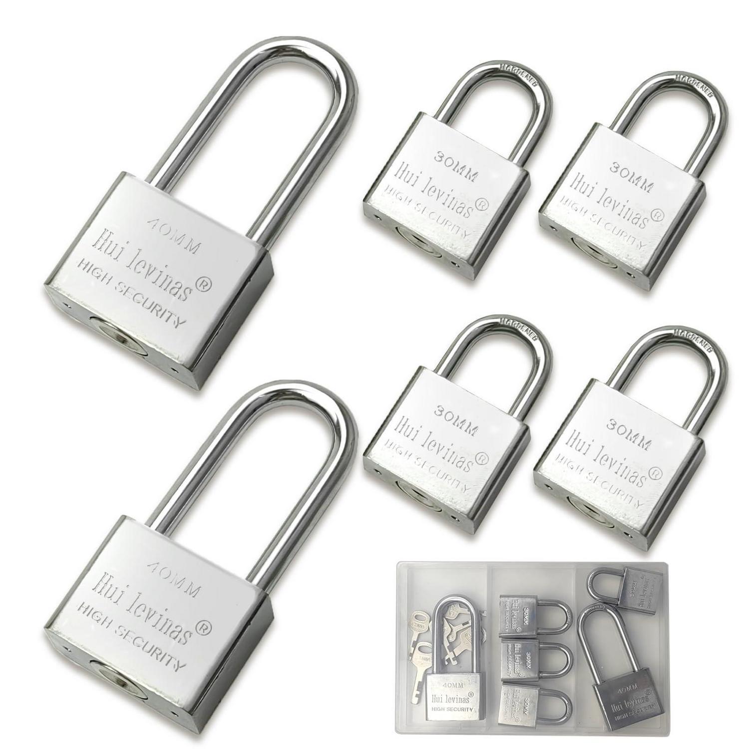 6er Set Vorhängeschlösser Gleichschließend: 4x30mm Kurzbügel, 2x40mm Langbügel Mit 12 Schlüsseln