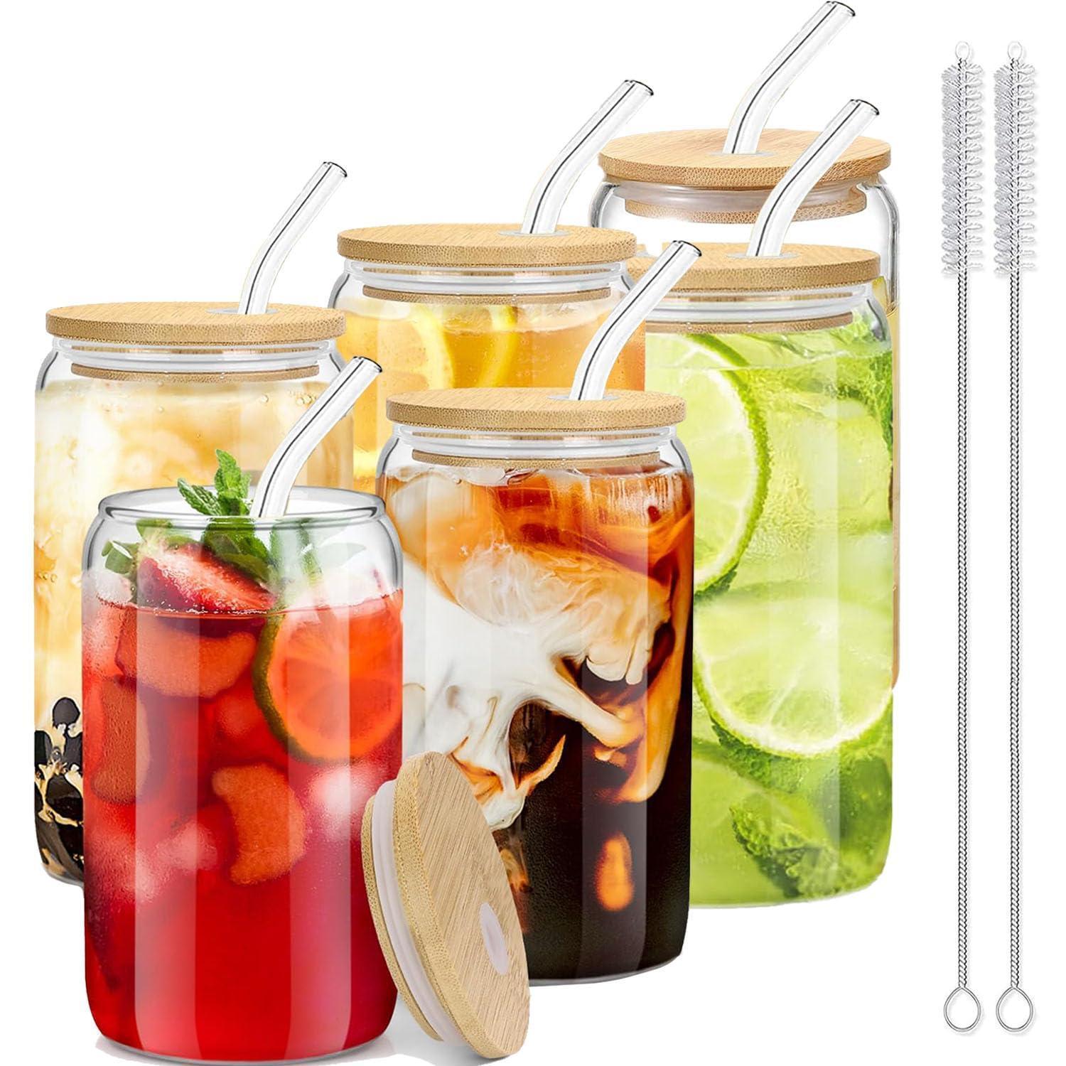 Trinkbecher Set 6er 16oz Mit Deckel & Strohhalm, Glasbecher Für Bubble Tea, Kaffee, Saft