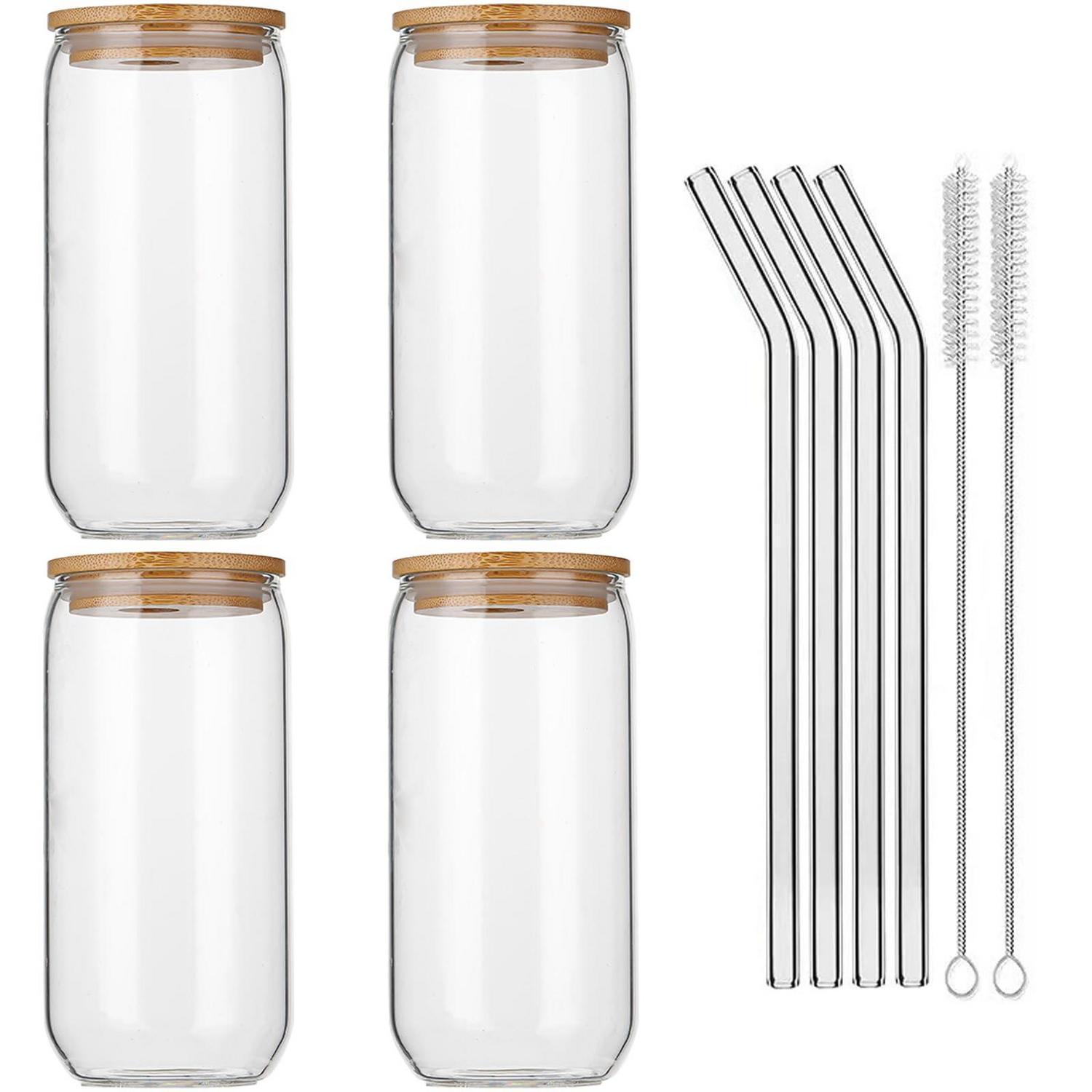 4er Set Trinkgläser 473ml Mit Bambusdeckel & Glasstrohhalm