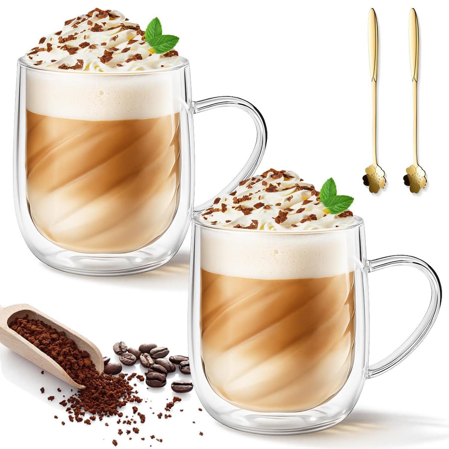 2er Set Doppelwandige Kaffeegläser 350ml Mit Henkel & Löffeln
