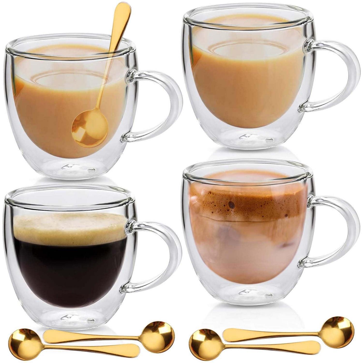 Doppelwandige Kaffeebecher Set 4x 250ml Mit Löffeln, Thermogläser Für Latte Macchiato, Espresso