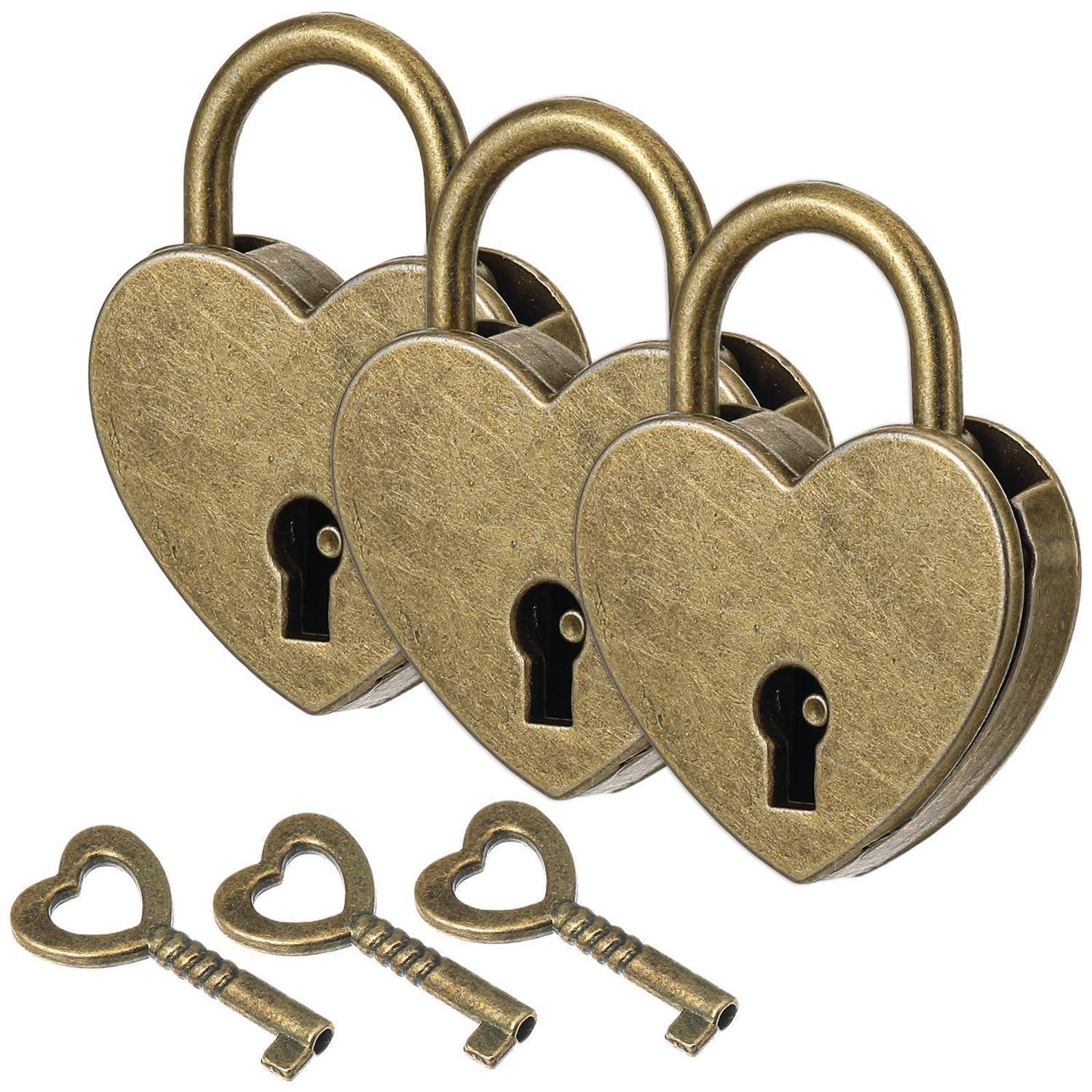 3er Set Mini Vorhängeschlösser Herzform Mit Schlüssel, Antik Bronze