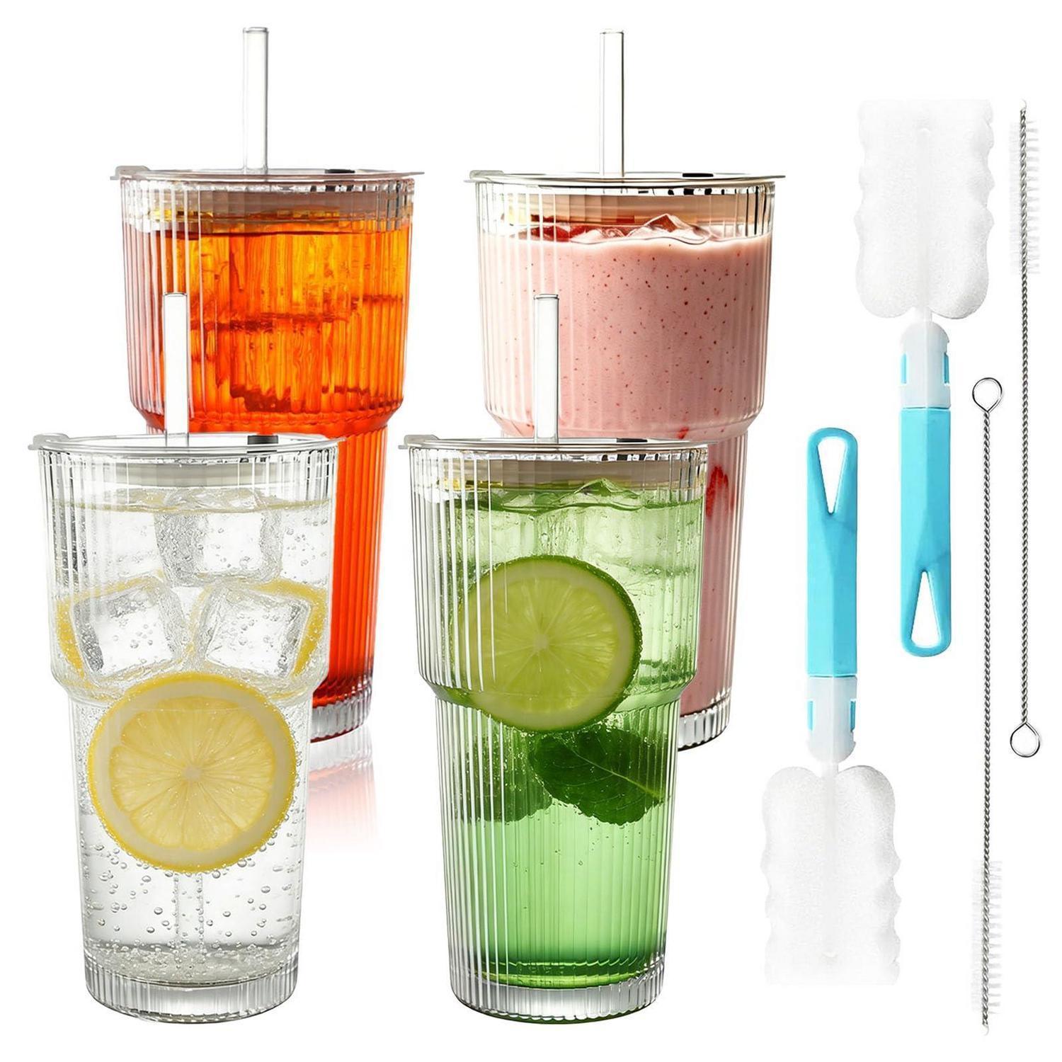 Geriffelte Glasbecher 600ml Mit Deckel & Strohhalm, 4er Set, Inkl. Reinigungsbürsten
