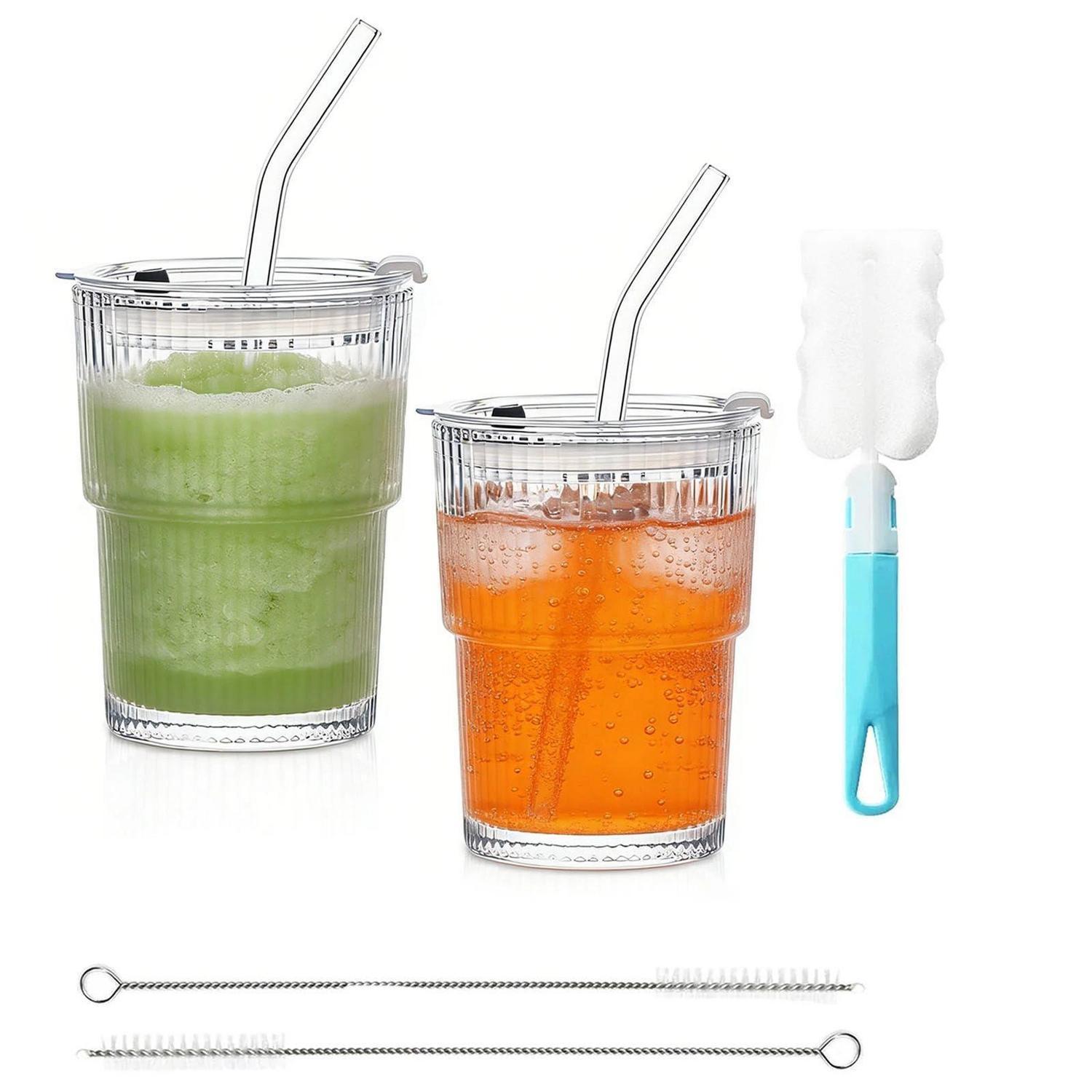 Geriffelte Glasbecher 2er Set 450ml Mit Deckel & Strohhalm, Für Smoothie, Eiskaffee