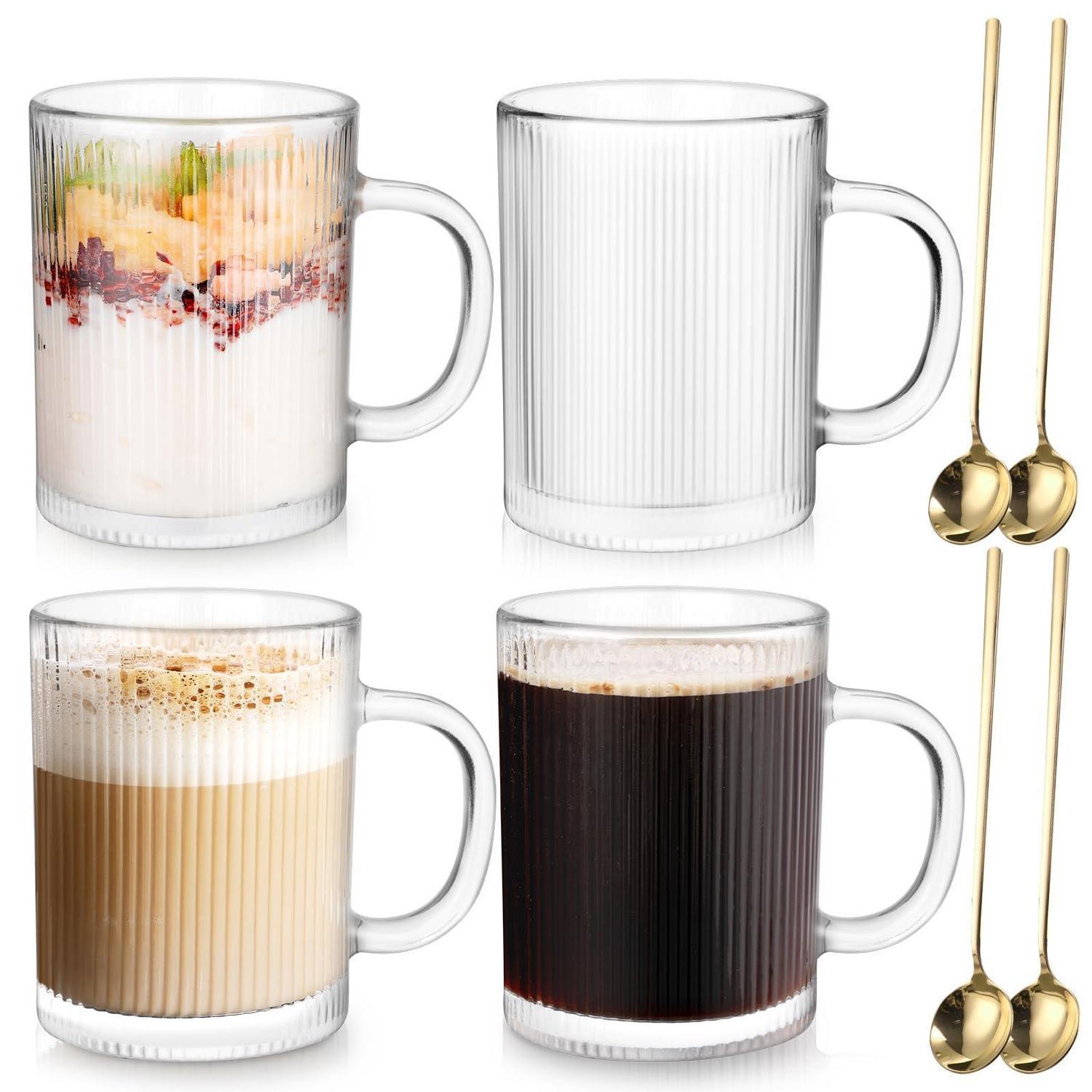 4er Set Cappuccino Tassen 350ml Mit Löffeln, Geriffeltes Glas Für Latte Macchiato