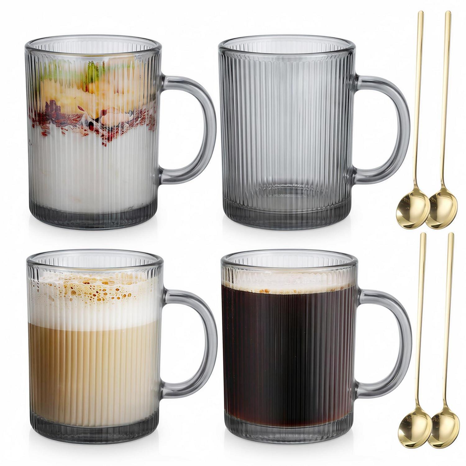 4er Cappuccino Tassen 350ml Mit Löffeln, Geriffelt, Für Kaffee & Tee