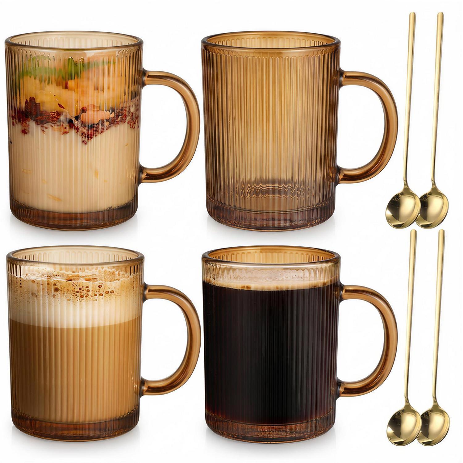Cappuccinotassen 4er Set 350ml Mit Löffeln, Geriffeltes Glas Für Latte Macchiato