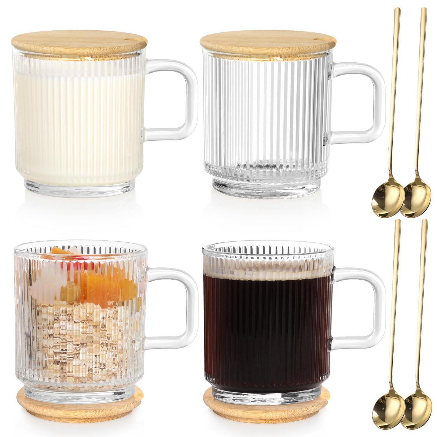 4er Cappuccino Tassen 350ml Mit Deckel & Löffel, Geriffeltes Glas