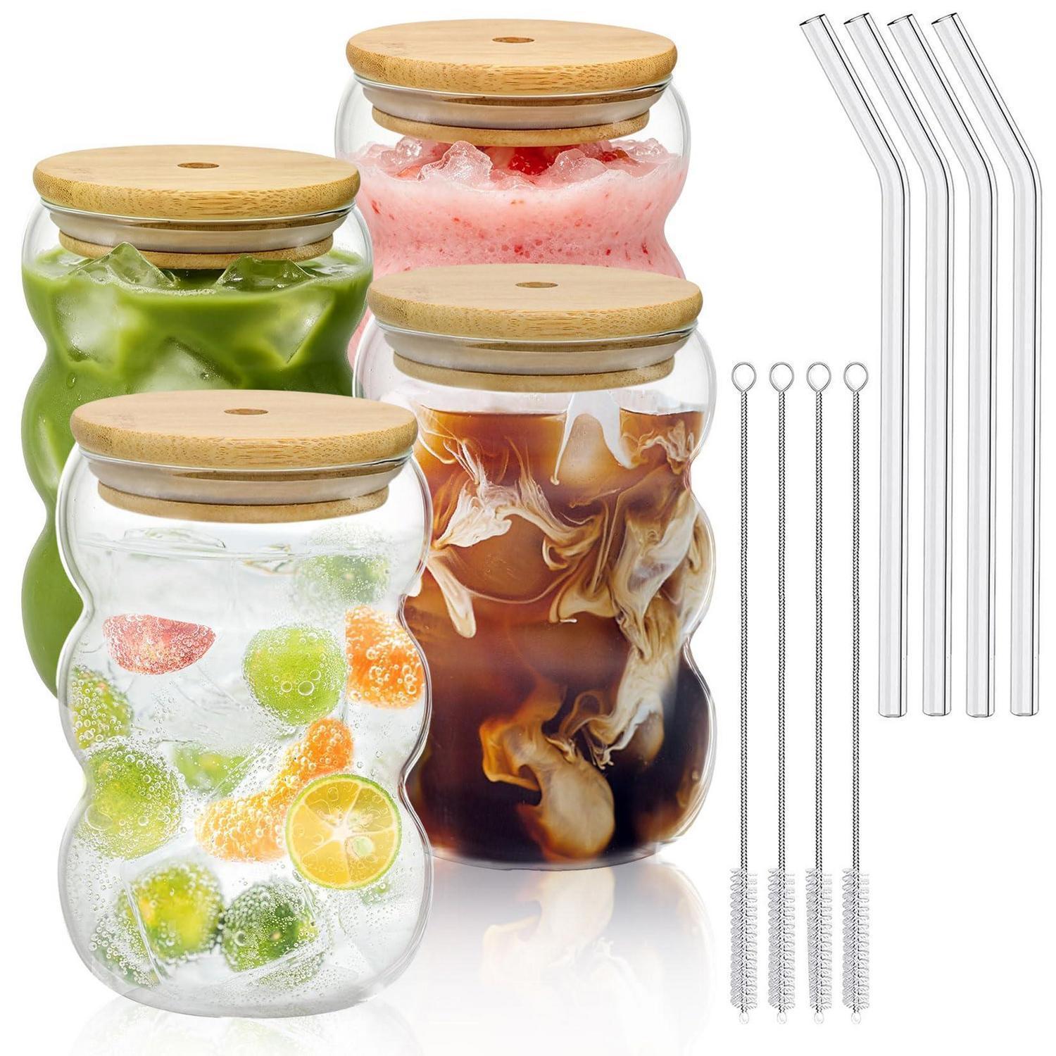 Glasbecher Set 4x 550ml Mit Deckel & Strohhalm, Borosilikatglas, Für Eiskaffee & Smoothies