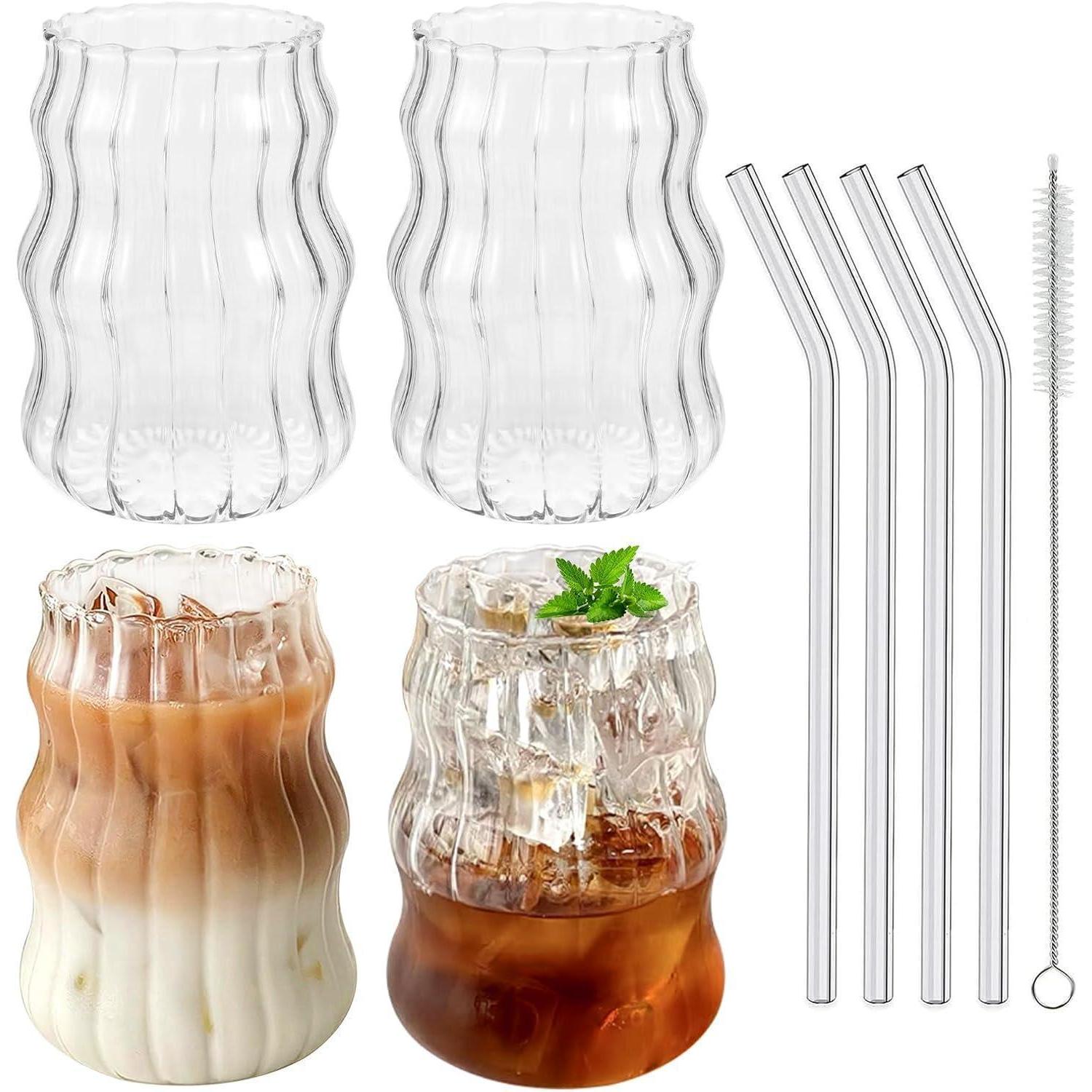 4er Set Gläser Mit Strohhalm 530ml Borosilikatglas Gerippt Für Kaffee & Cocktails
