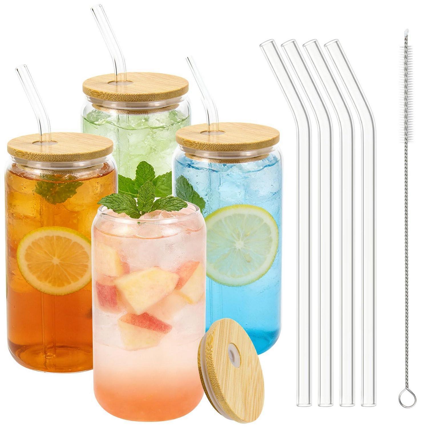 4er Set Trinkgläser Mit Deckel & Strohhalm, 500ml Glasbecher Für Eiskaffee, Smoothies, Cocktails