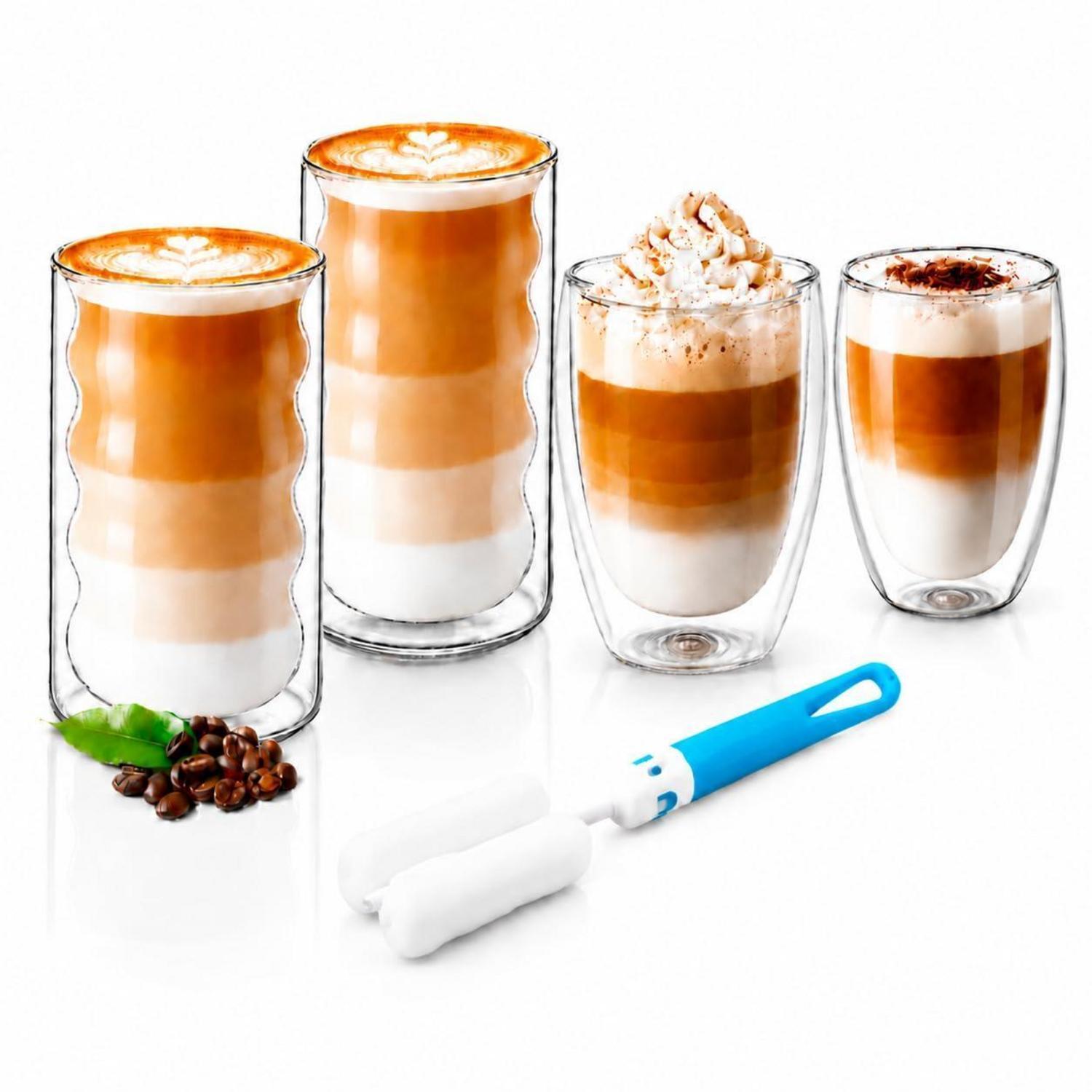 4er Set Doppelwandige Latte Macchiato Gläser Mit Spülbürste