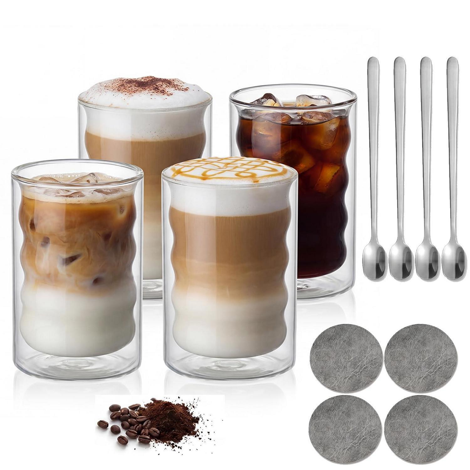 Set 4 Doppelwandige Kaffeegläser 350ml Mit Löffeln & Untersetzern