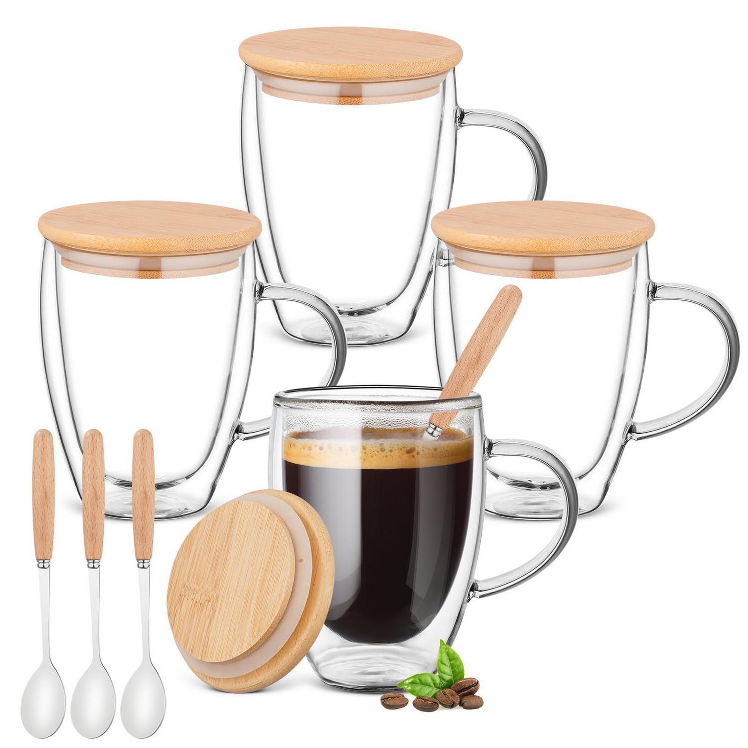 4er Set Doppelwandige Gläser 350ml Mit Deckel & Löffel, Borosilikatglas