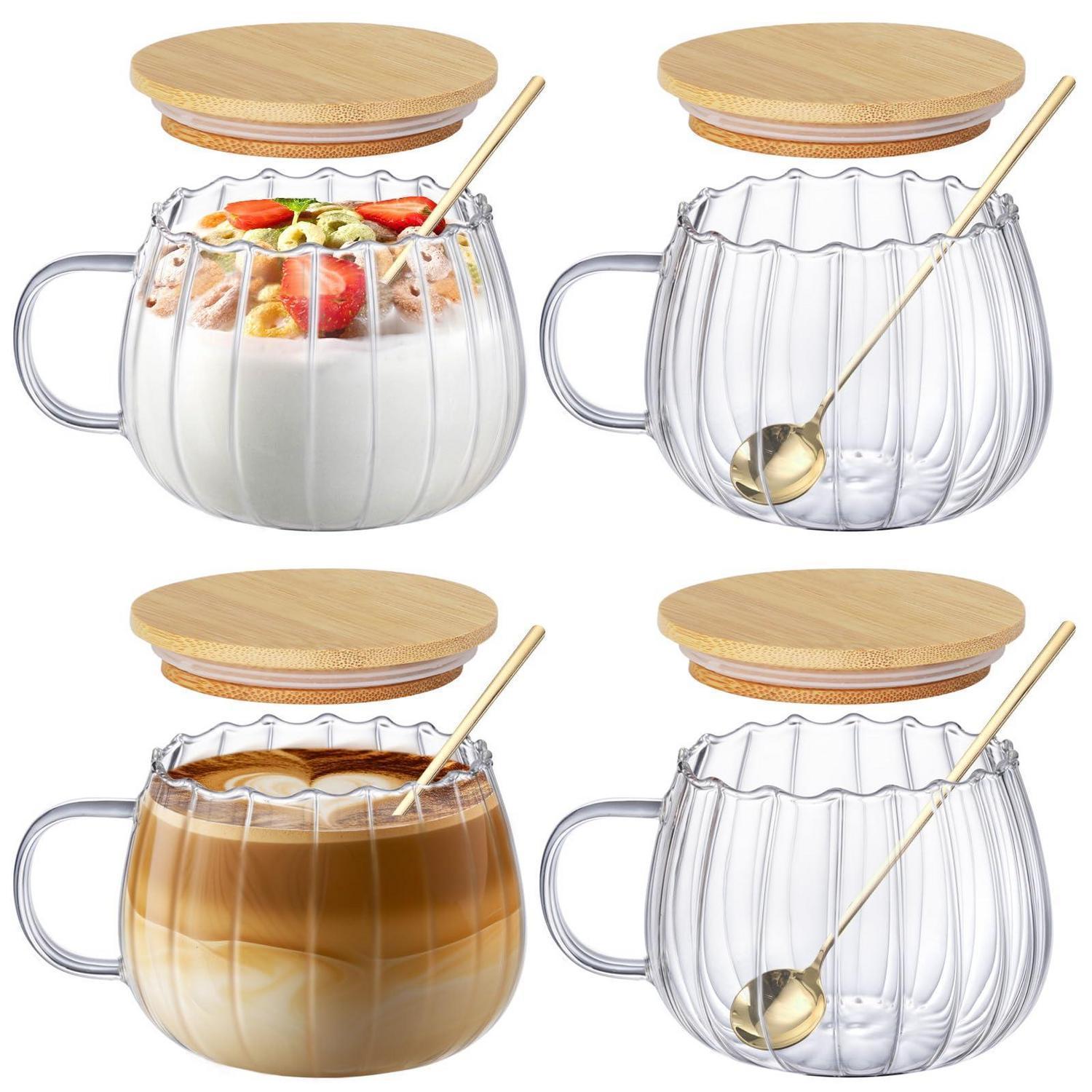 4er Cappuccino Tassen 450ml Borosilikatglas Mit Bambusdeckel Und Löffel