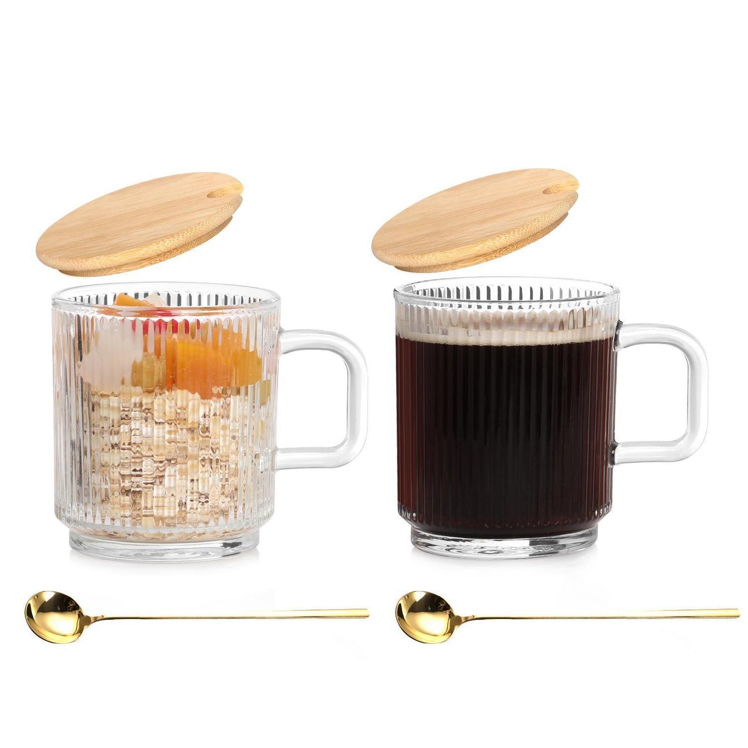 2er Set Cappuccino Tassen 350ml Mit Deckel Und Löffel, Geriffeltes Glas