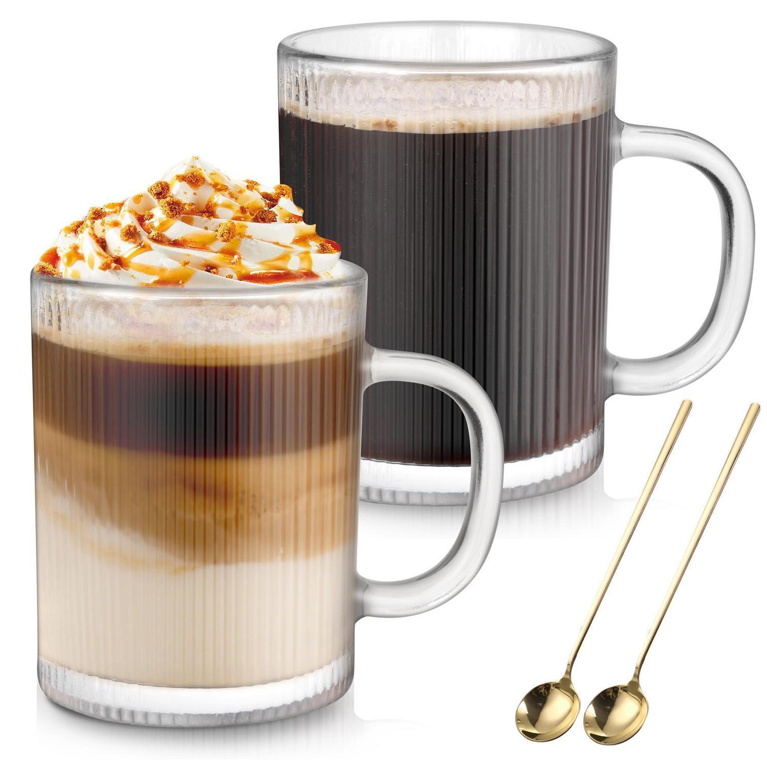 2er Cappuccino Tassen 350ml Mit Löffel, Geriffeltes Glas Für Latte Macchiato