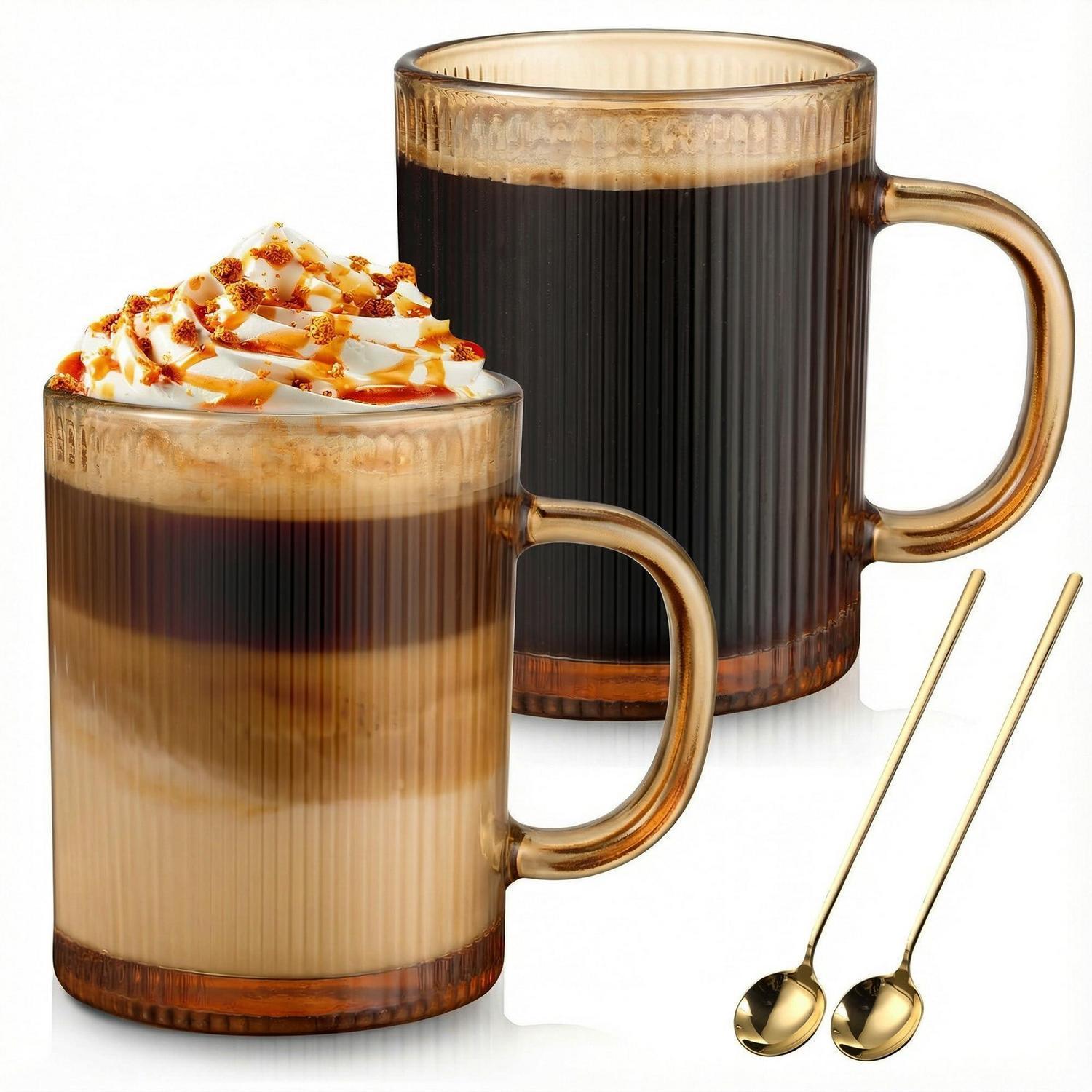 2er Cappuccino Tassen 350ml Mit Löffel, Geriffelt, Borosilikatglas