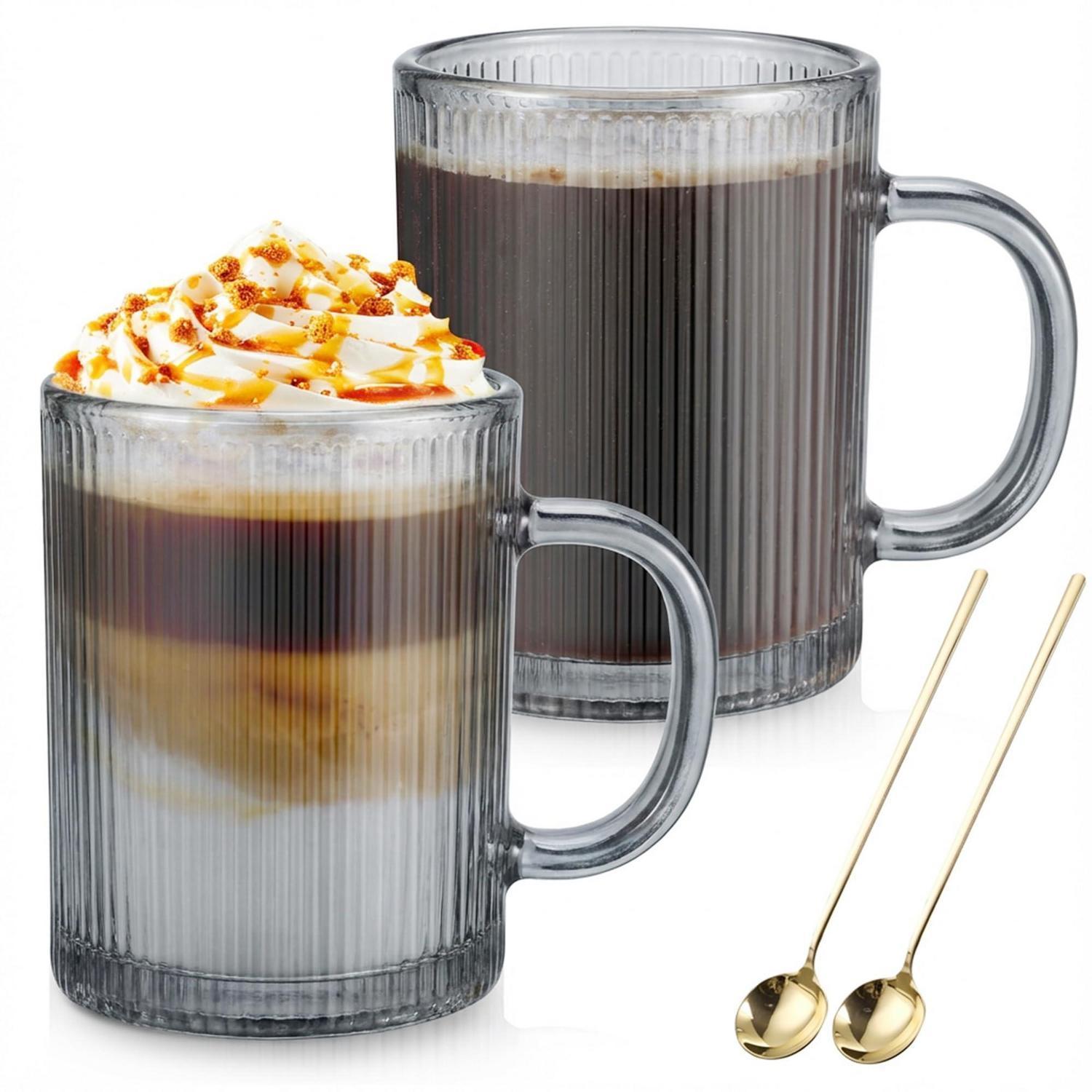2er Cappuccino Tassen 350ml Geriffelt Mit Löffel Für Kaffee & Tee