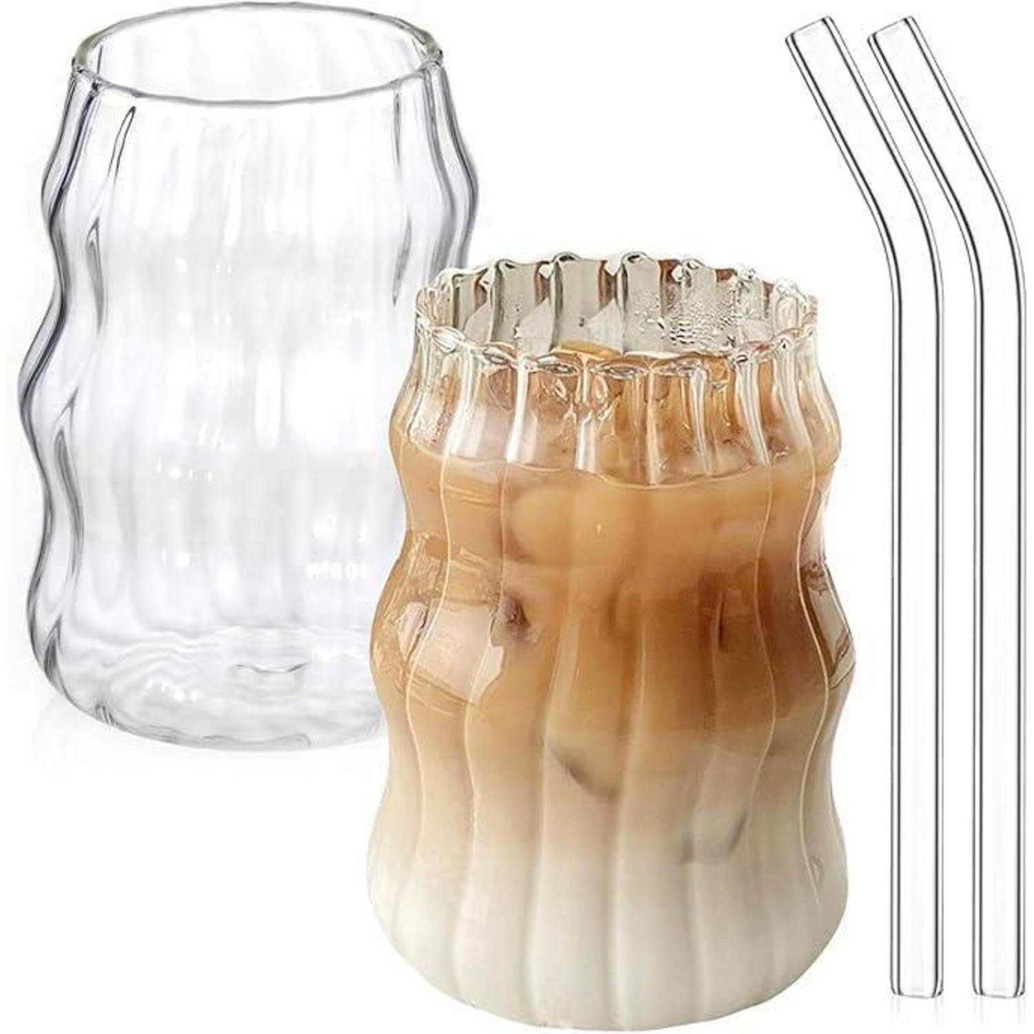 2er Set Kaffeegläser 530ml Mit Strohhalm, Borosilikatglas, Gerippt