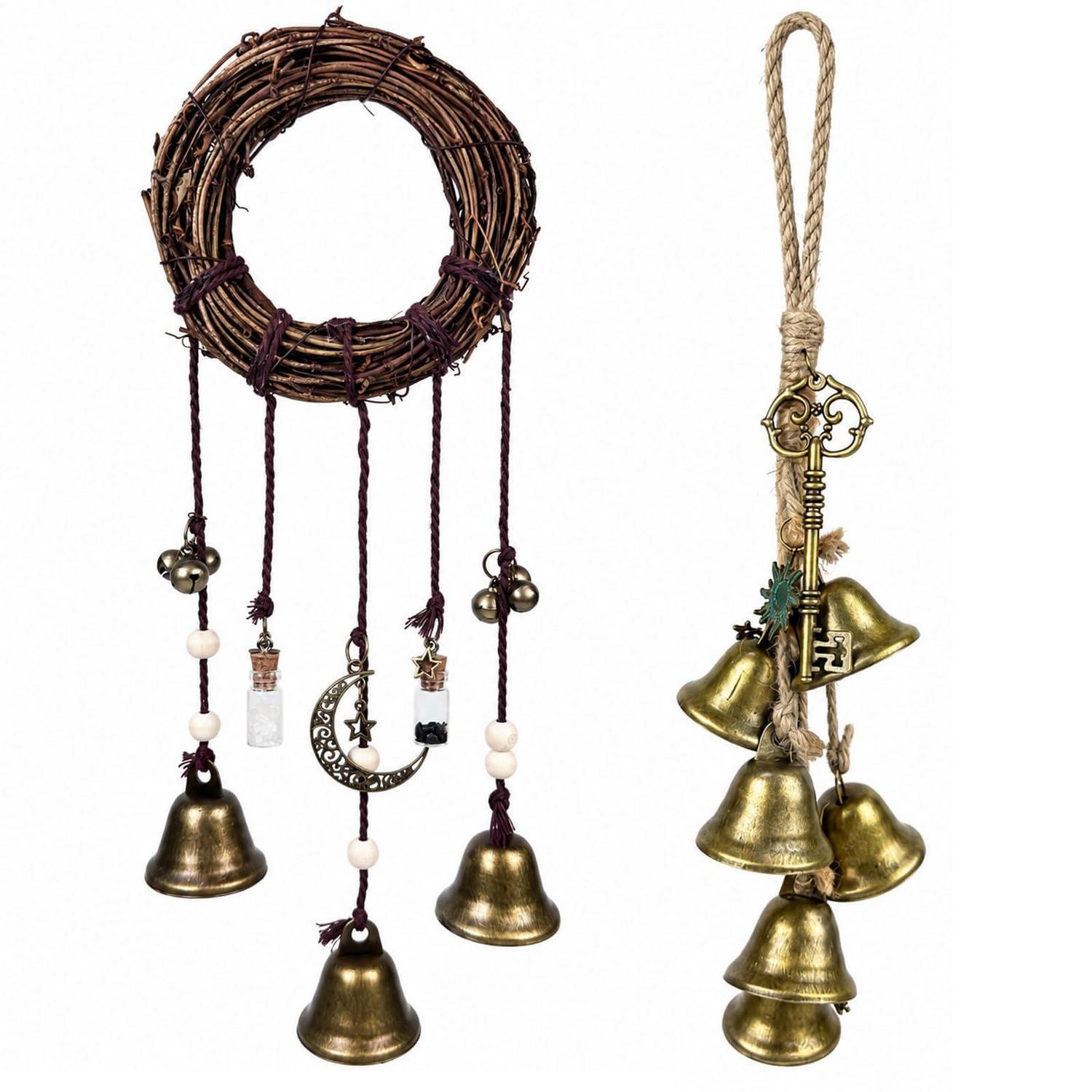2er Set Hexenglocken Windspiel Mit Pentagramm & Mond, Metall & Rattan