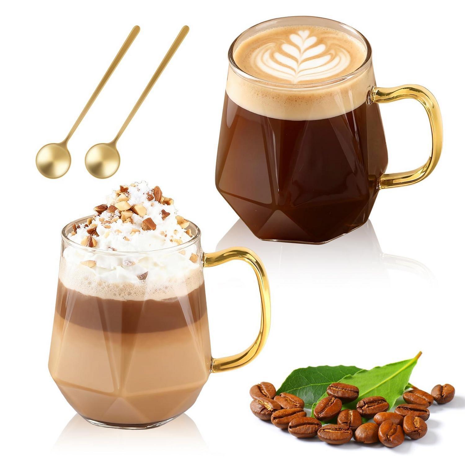Latte Macchiato Gläser Set 2 Stück Mit Griffen & Löffeln, 350ml, Diamant-design