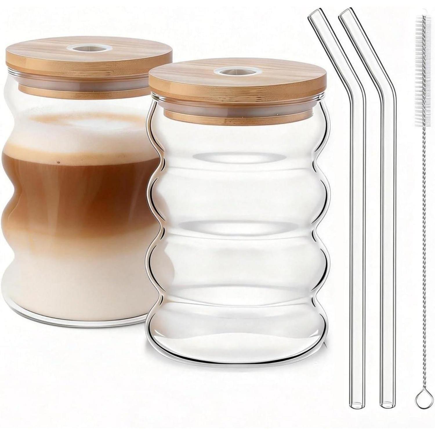 Latte Macchiato Gläser 2er Set 480ml Mit Glasstrohhalm & Bambusdeckel