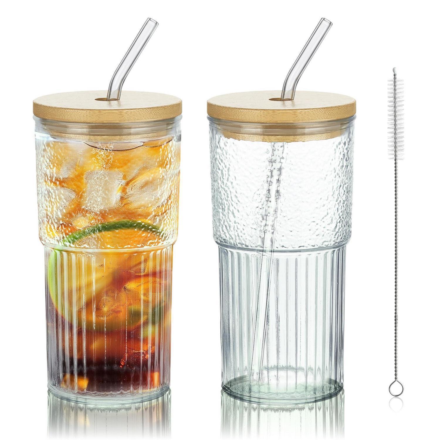 2er Set Trinkgläser 720ml Mit Bambusdeckel & Strohhalm, Gerippt, Spülmaschinenfest