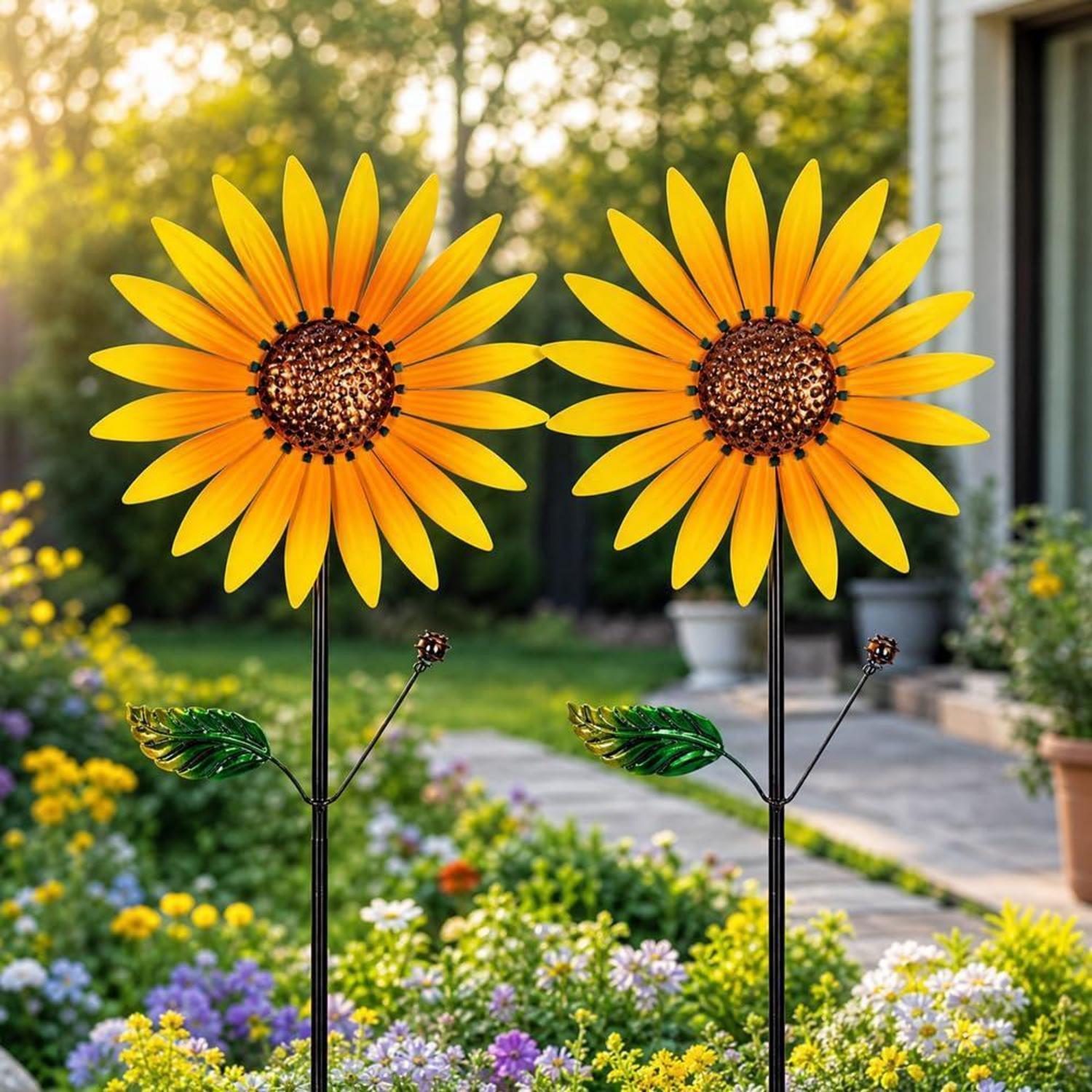 2er Set Garten-windräder Sonnenblume 95cm Metall Mit Stab Für Balkon & Rasen