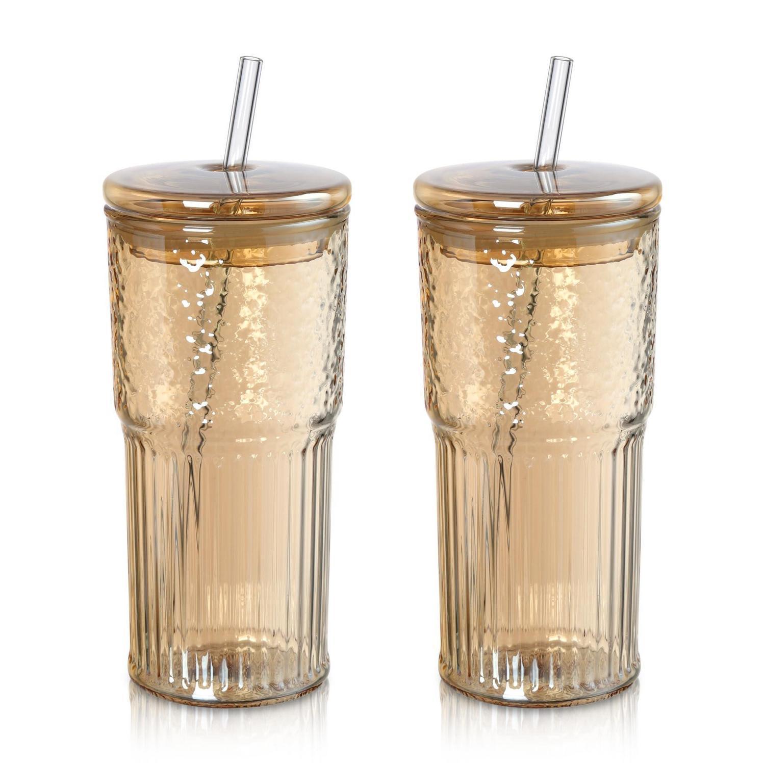 Gerippte Trinkgläser 650ml Bernstein, 2er Set Mit Deckel & Strohhalm, Eiskaffee Gläser