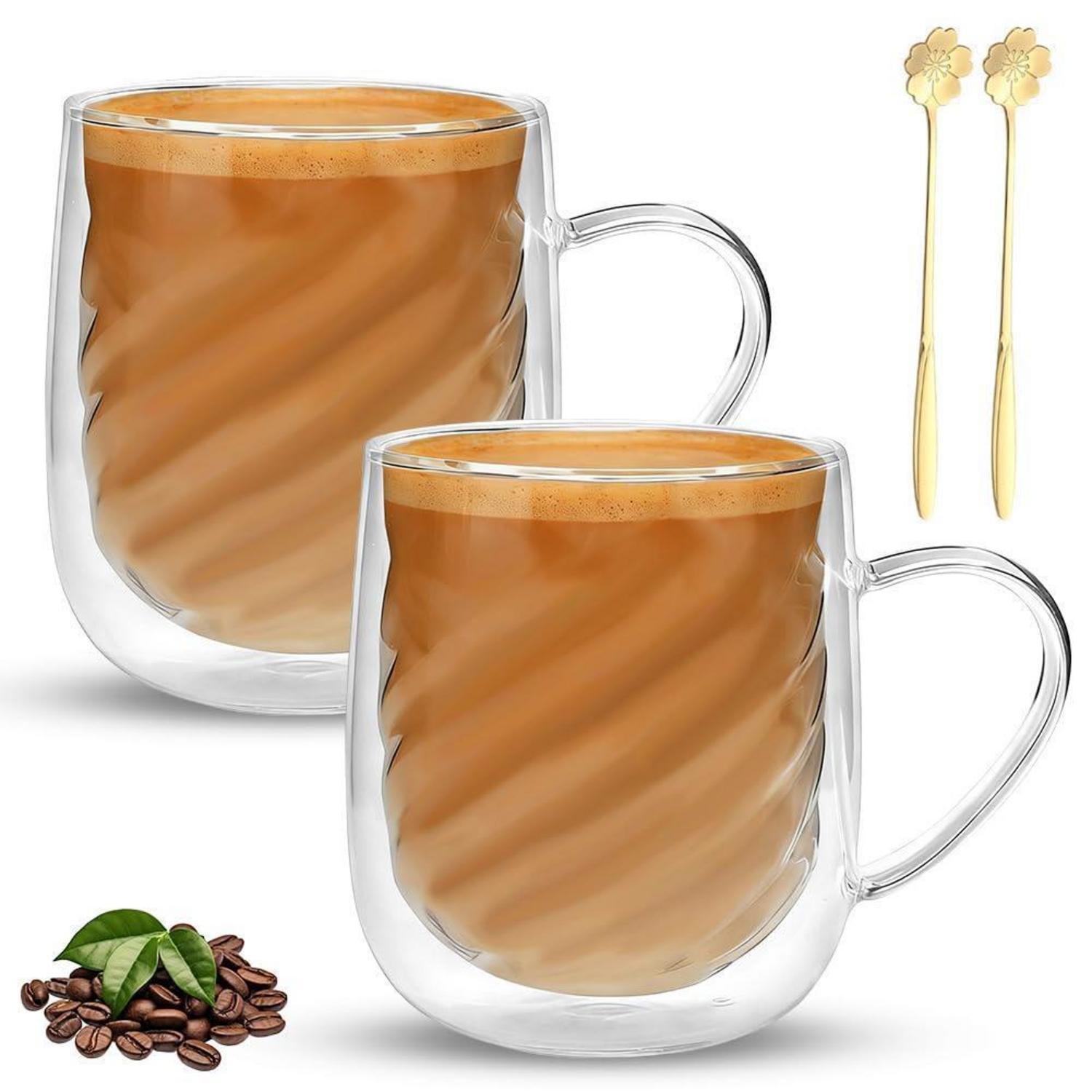2er Set Doppelwandige Latte Macchiato Gläser 350ml Mit Henkel Und Löffeln