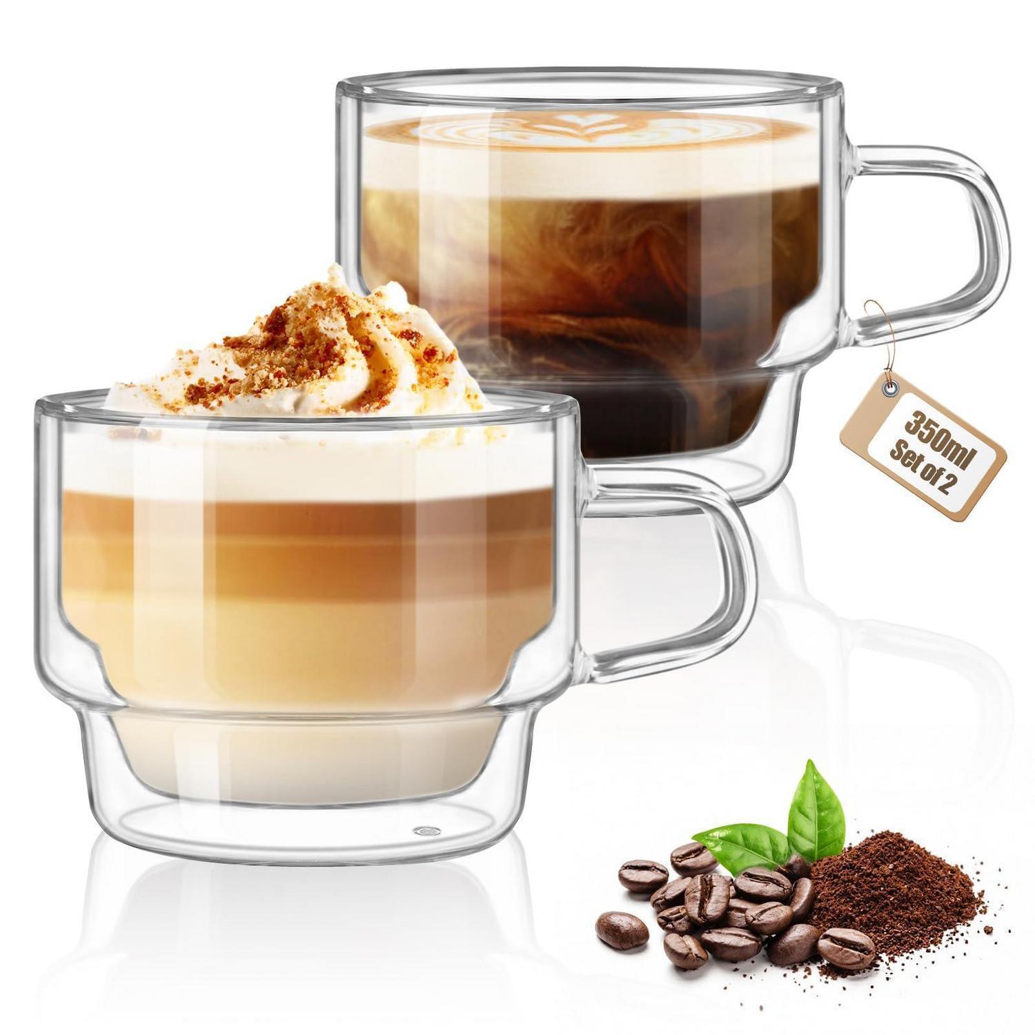 Doppelwandige Kaffeegläser 350ml, 2er Set, Mit Griff, Transparent