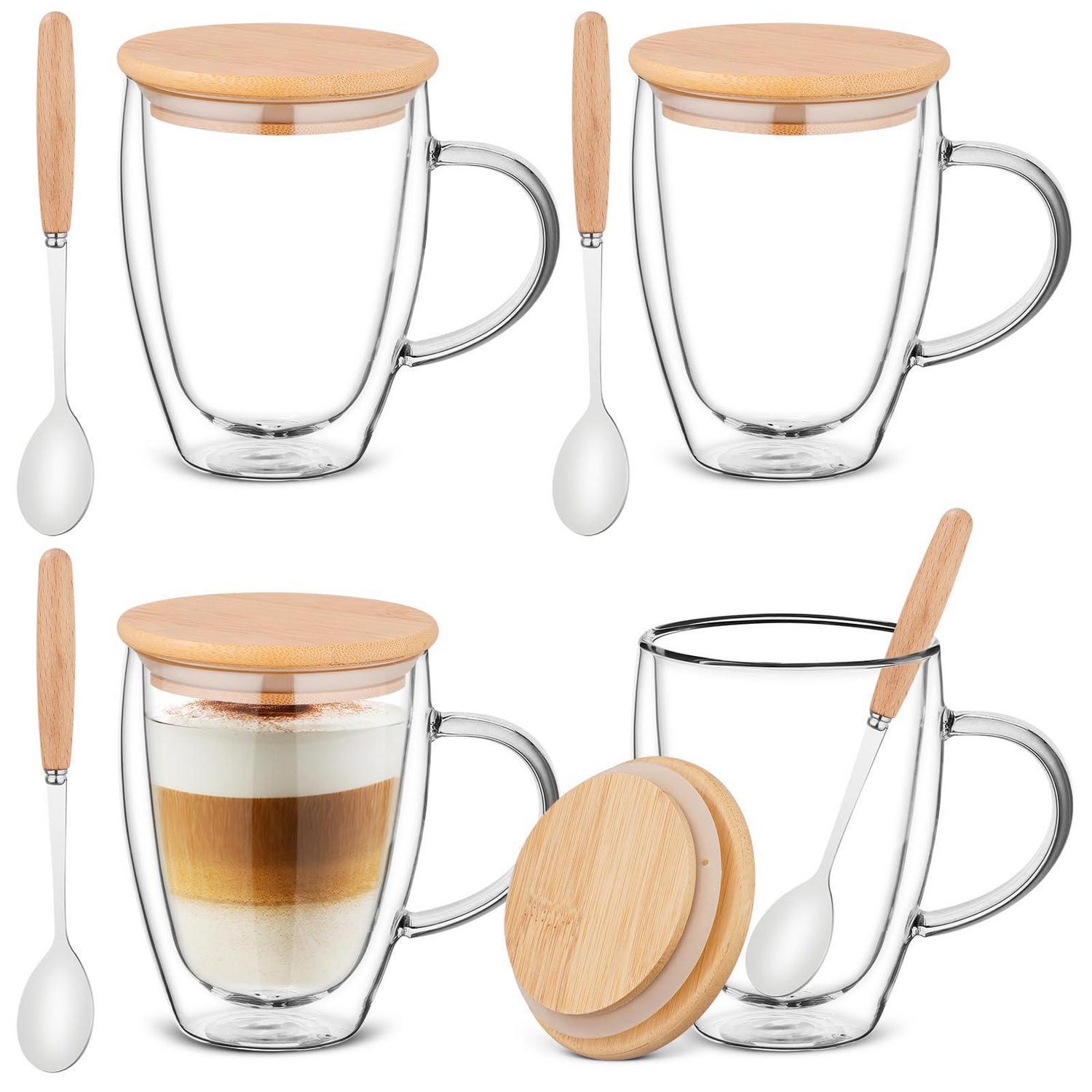 Doppelwandige Glasbecher 4er Set 350ml Mit Deckel Und Löffel