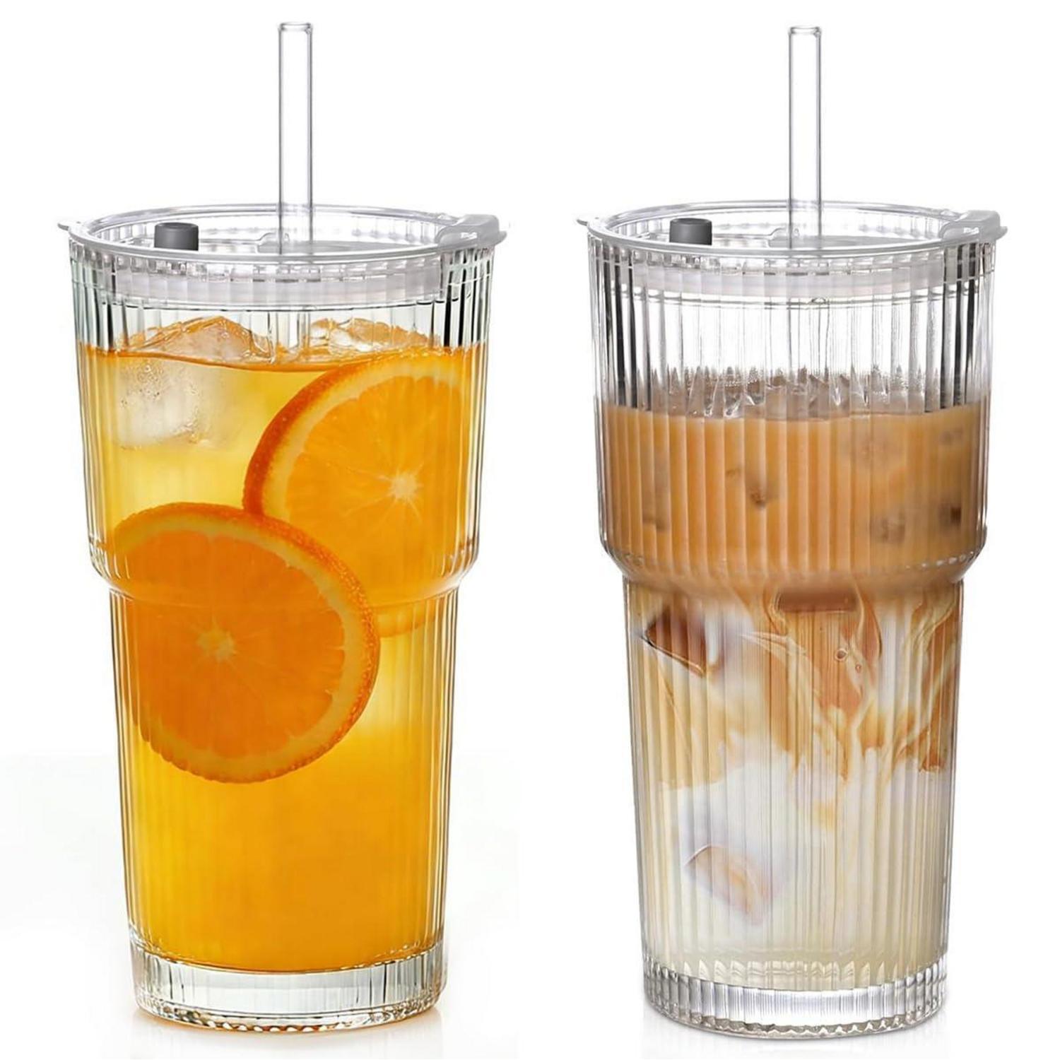 2er Set Glas Trinkbecher Mit Deckel & Strohhalm, 400ml Mehrweg Becher Auslaufsicher