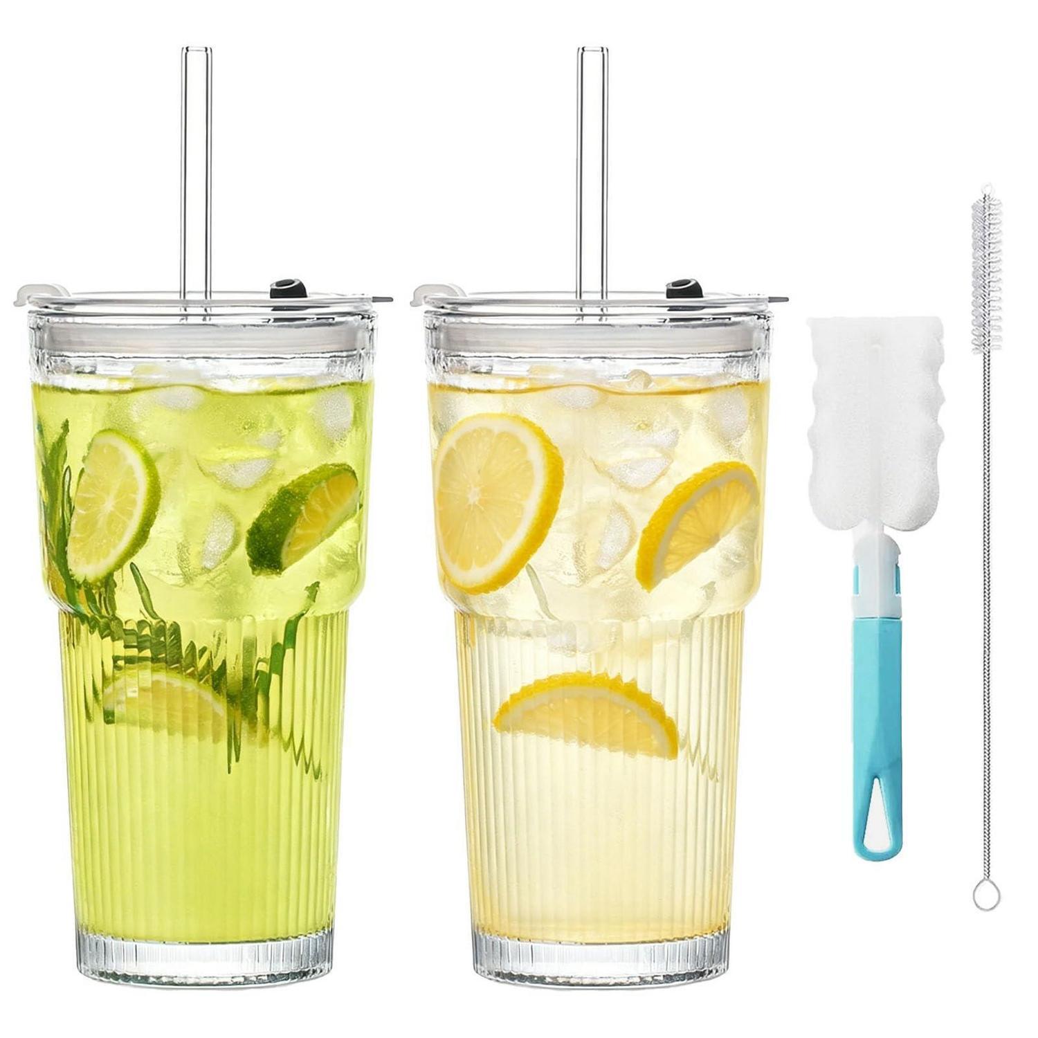 2x Geriffelte Glasbecher 600ml Mit Deckel & Strohhalm, Smoothie Becher Inkl. Reinigungsbürste