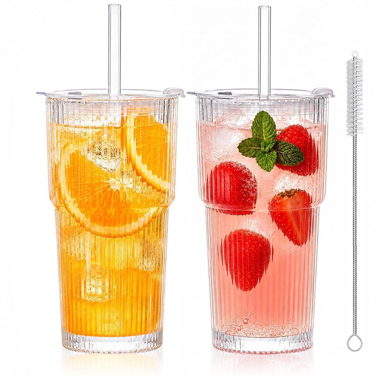 2er Set Geriffelte Glasbecher 600ml Mit Deckel & Strohhalm Für Kaffee, Smoothies