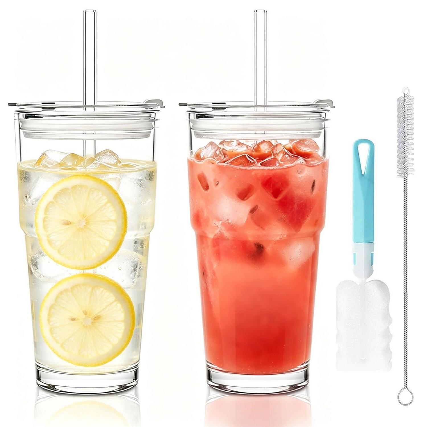 2er Set Glasbecher 600ml Mit Deckel & Strohhalm, Kaffee To Go Becher, Smoothie Becher, Inkl. Reinigungsbürste