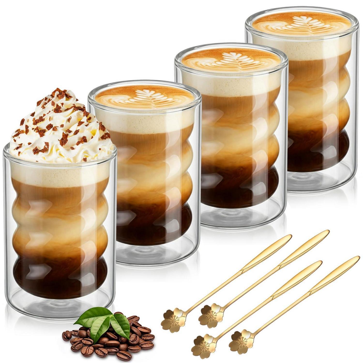Doppelwandige Latte Macchiato Gläser 400ml 4er Set Mit Spiraldesign & Edelstahl Löffeln