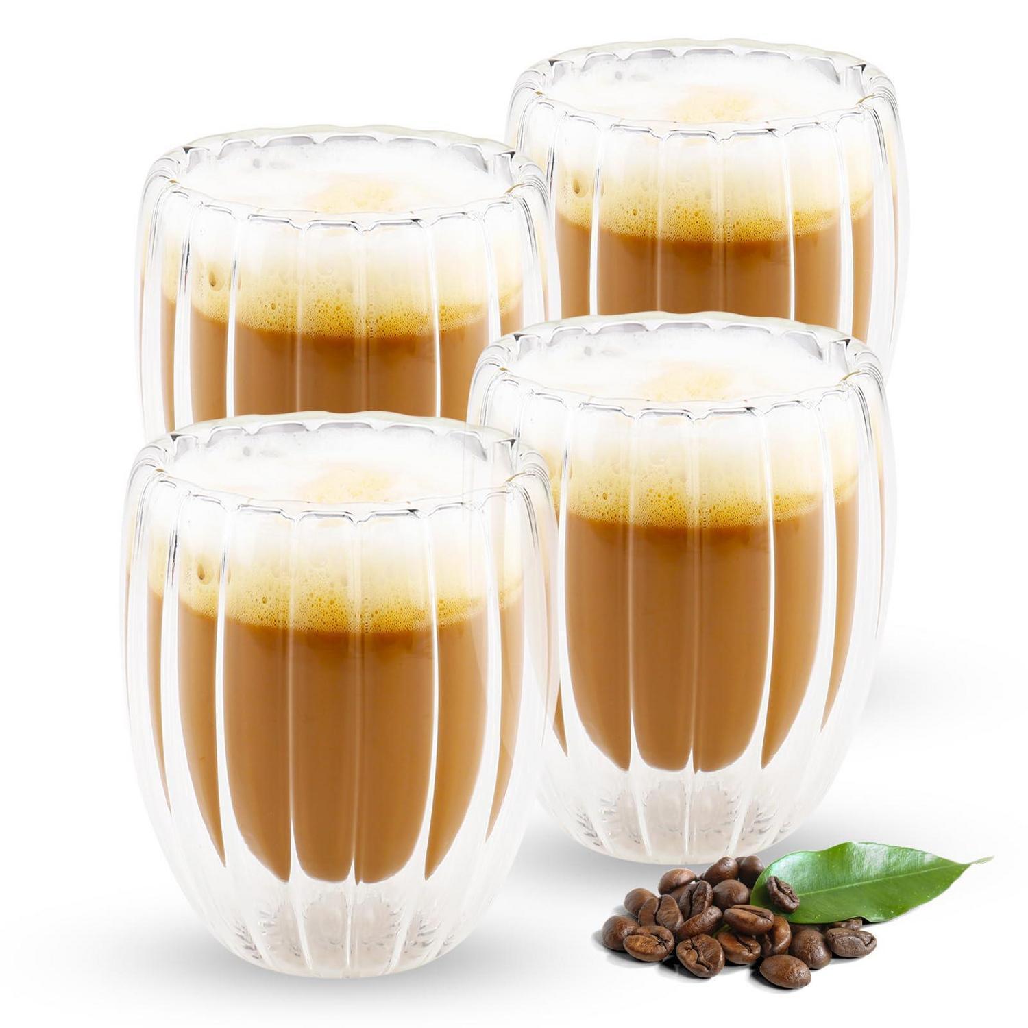 Doppelwandige Kaffeegläser 4er Set 330ml Gerippt Für Latte Macchiato & Cappuccino