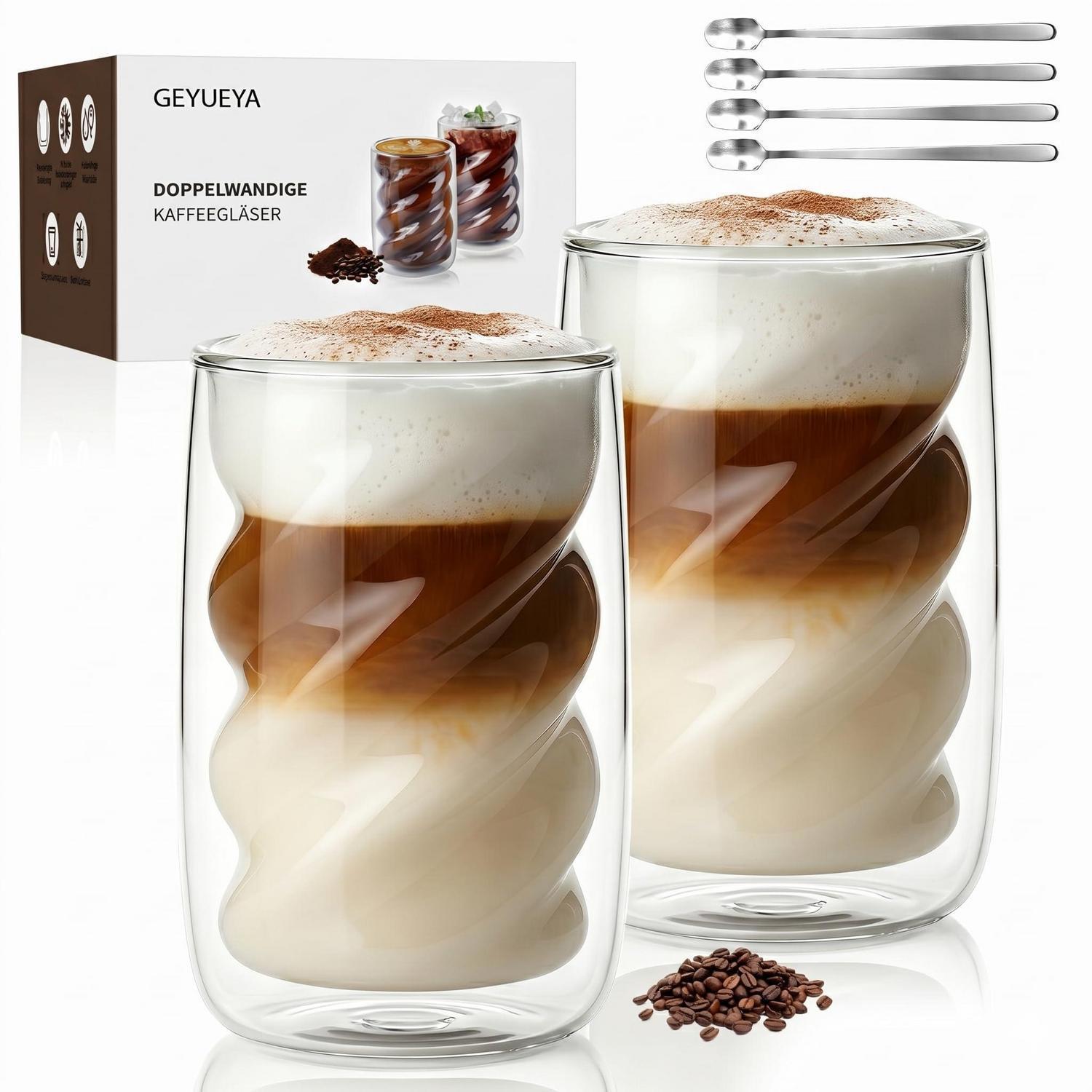 Doppelwandige Latte Macchiato Gläser 350ml (2er Set) Mit Löffeln