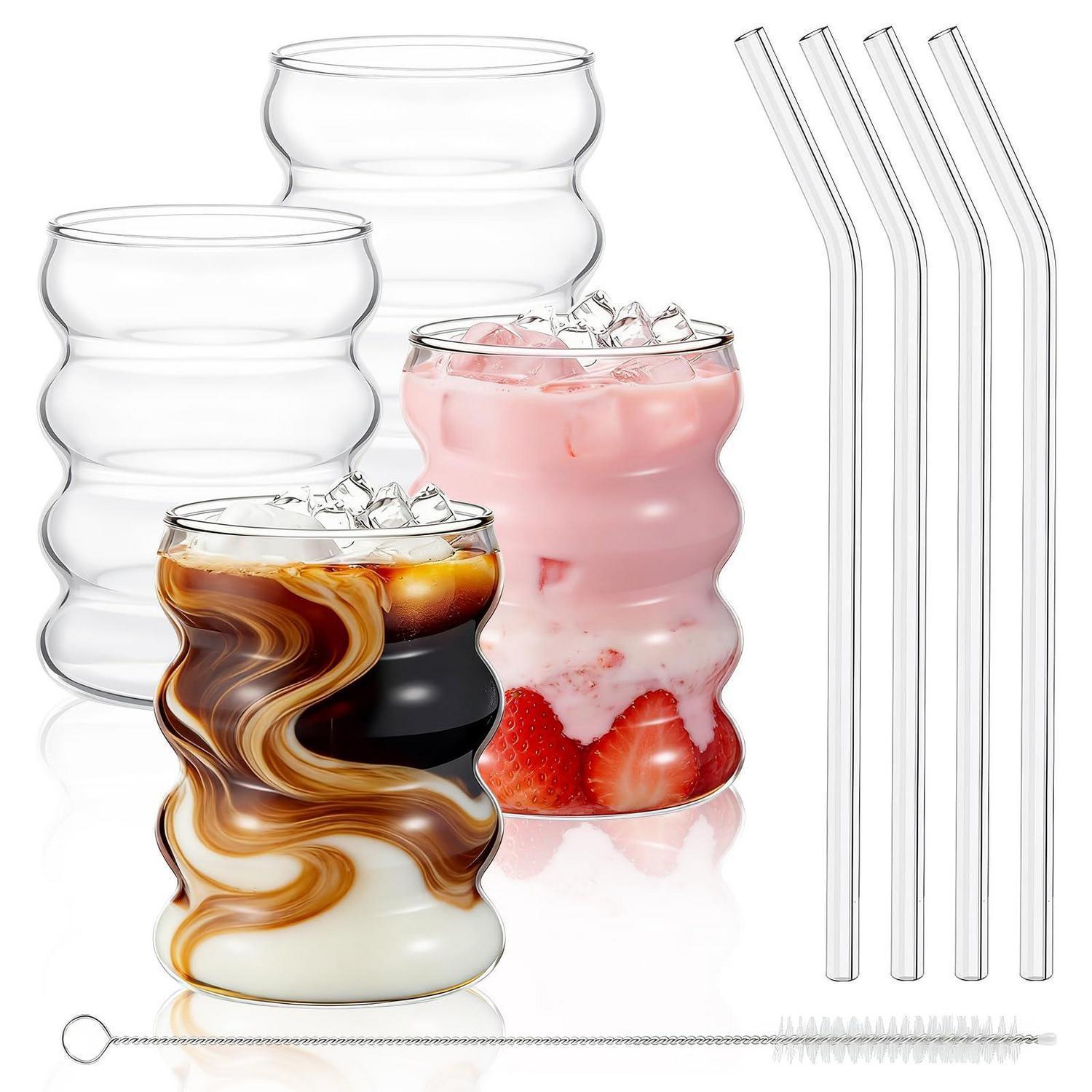 Trinkgläser Set Mit Wellenmuster, 4er Kaffeegläser 320ml Mit Glasstrohhalmen