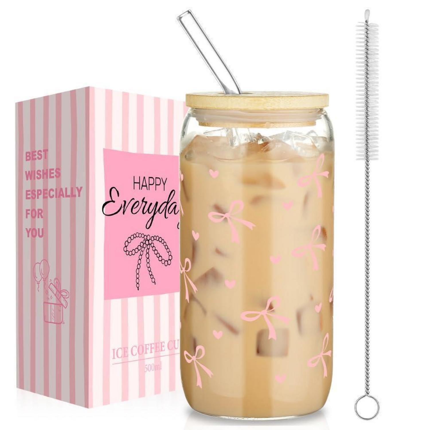 Trinkglas Mit Deckel Und Strohhalm, 500ml, Rosa Schleifen-design, Für Eiskaffee, Smoothies