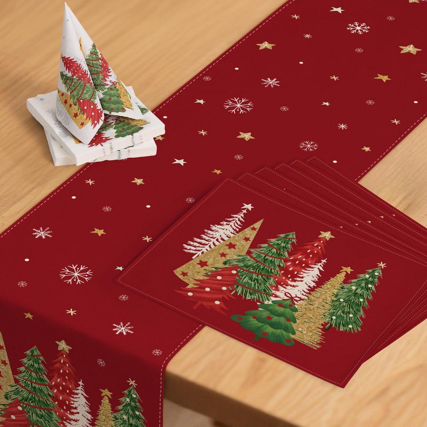 Weihnachts Tischdeko Set: Tischläufer 40x180cm, 6 Platzsets, 40 Servietten Rot