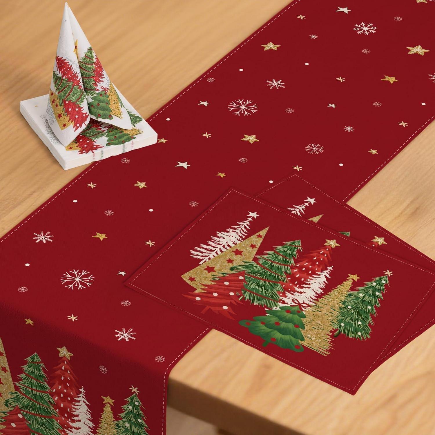 Weihnachts Tischdeko Set: Tischläufer 40x100cm, 2 Platzsets, 20 Servietten Rot