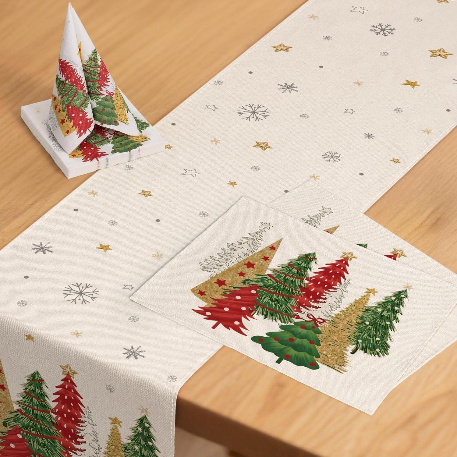 Weihnachts Deko Set: Tischläufer 40x100cm, 2 Platzsets, 20 Servietten Mit Bäumen