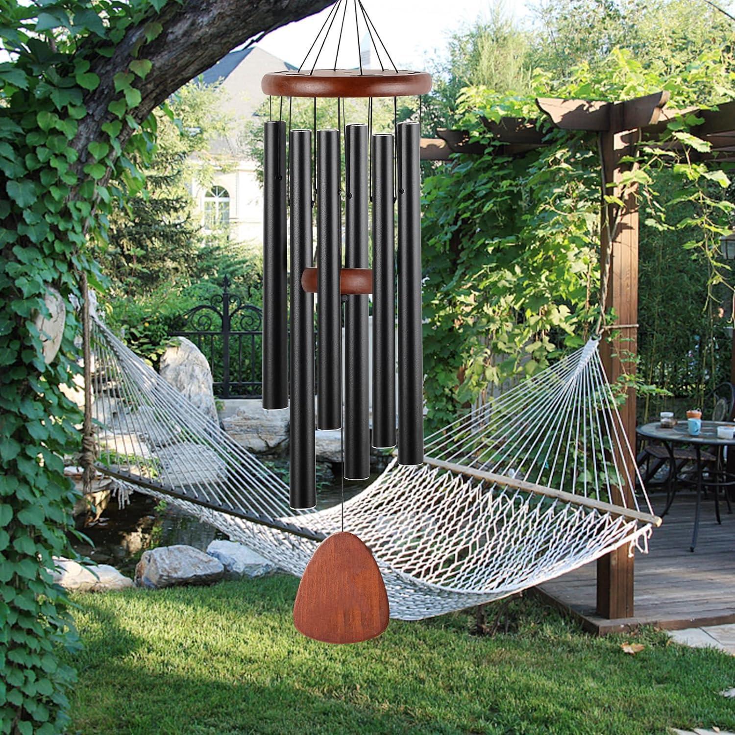 Windspiel 65cm Aluminium Mit 6 Klangröhren, Schwarz, Für Garten & Terrasse